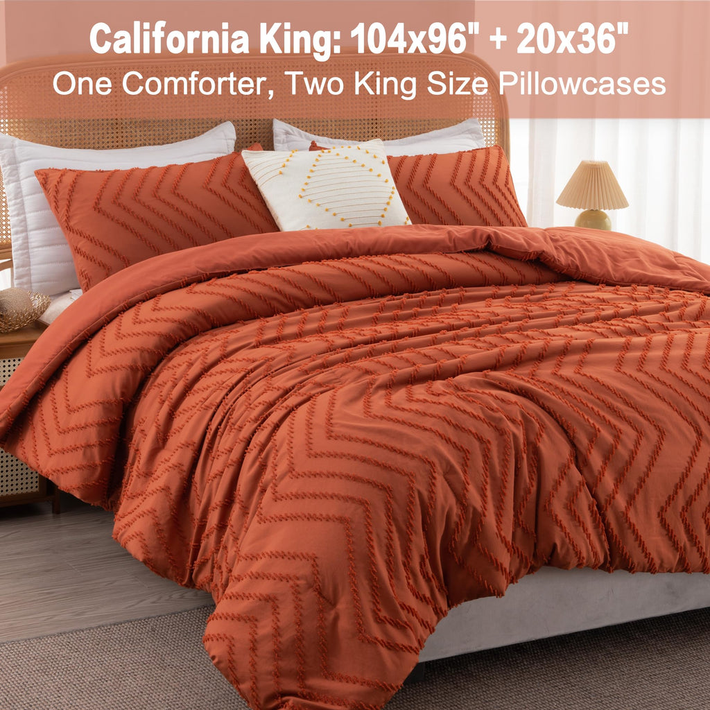 Litanika Comforter California King Size Set Burnt Orange, 3 Pieces Terracotta Rust Cal King Oversized Chevron Tufted Solid Beddi