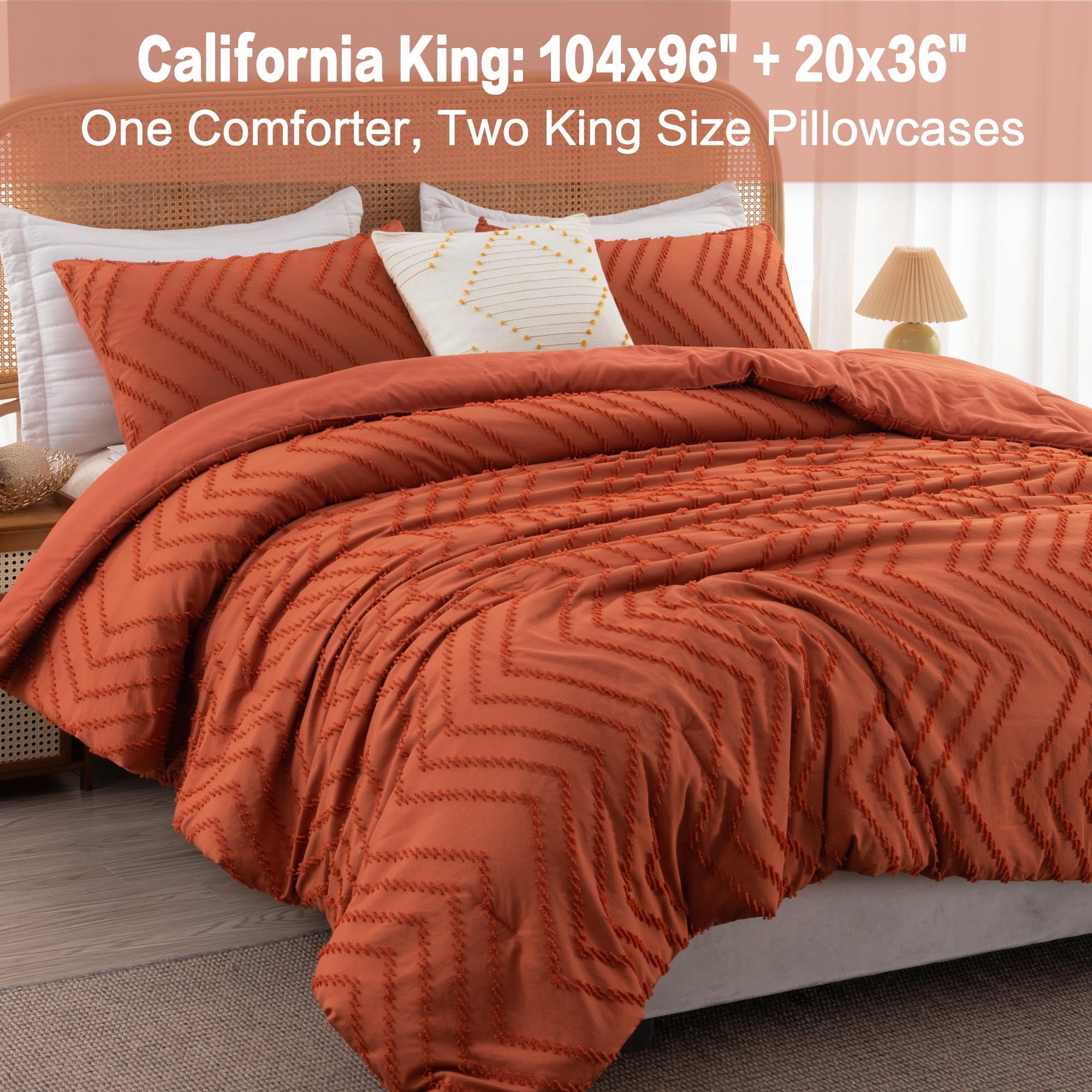 Litanika Comforter California King Size Set Burnt Orange, 3 Pieces Terracotta Rust Cal King Oversized Chevron Tufted Solid Beddi