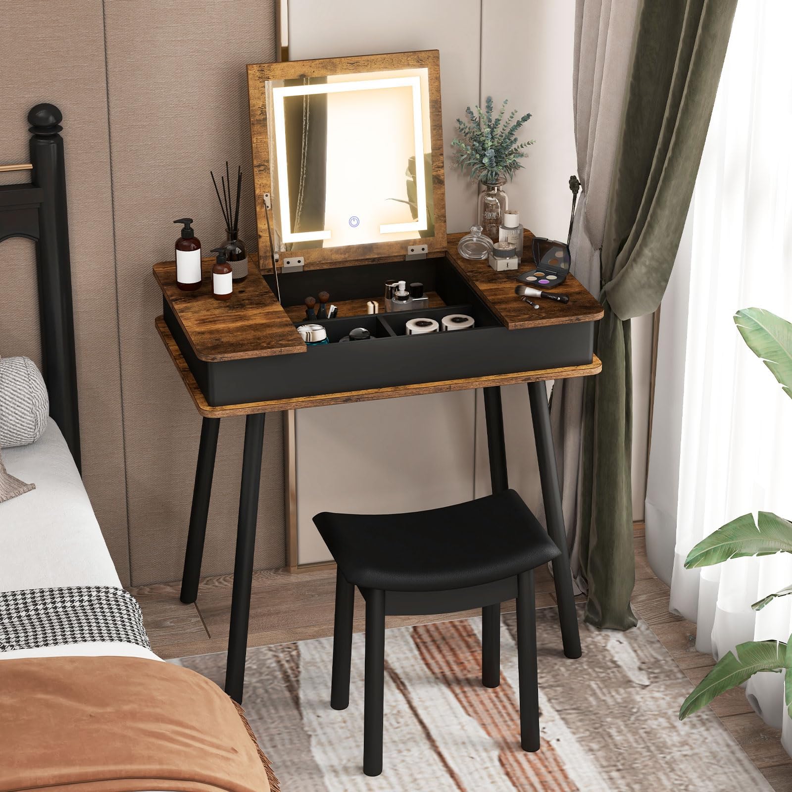 Charmaid Vanity Desk With 3-Color Lighted Flip Top Mirror, 7 Storage Compartments, Side Organizers, Usb Port, Makeup Dressing Table Set Writing Desk With Cushioned Stool, Easy Assembly, Rustic Brown