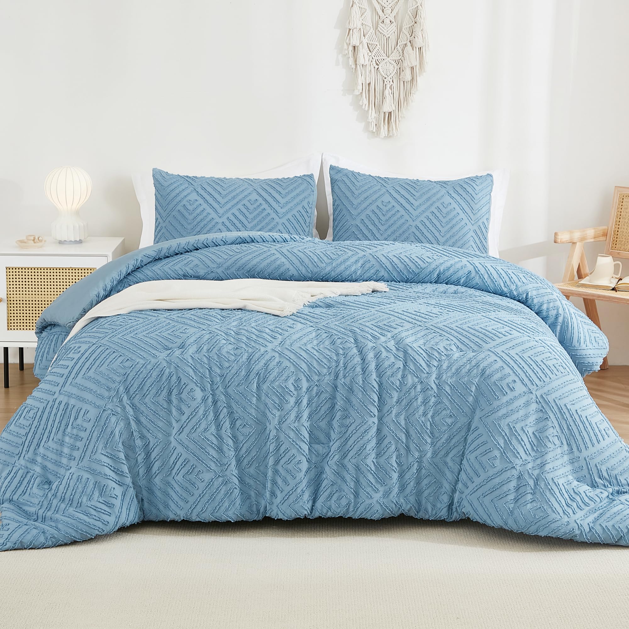 Andency Grayish Blue Comforter Set Queen Size, Lightweight Fluffy Bedding Comforter Sets For Queen Bed, 3 Pieces Tufted Farmhous