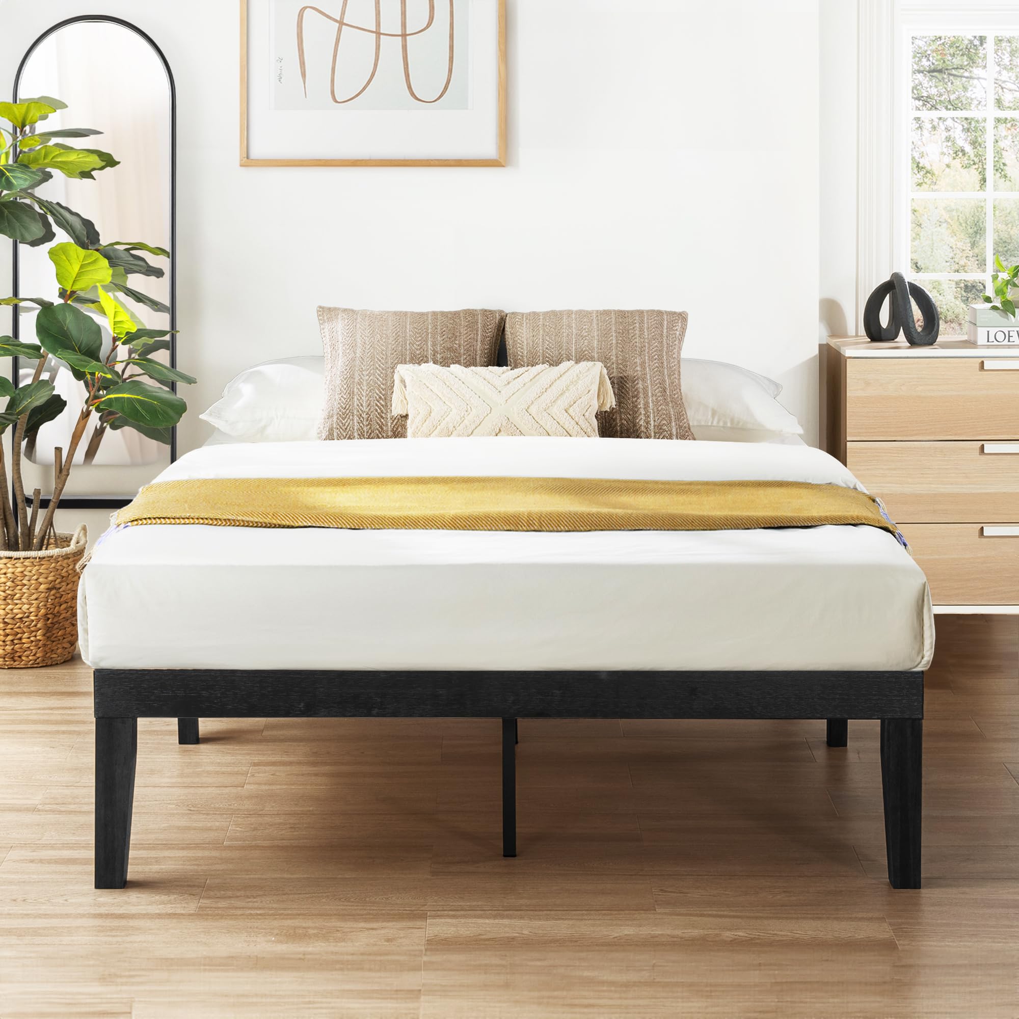 Mellow Naturalista Classic 16 Inch Solid Wood Platform Bed With Wooden Slats, Black, Queen