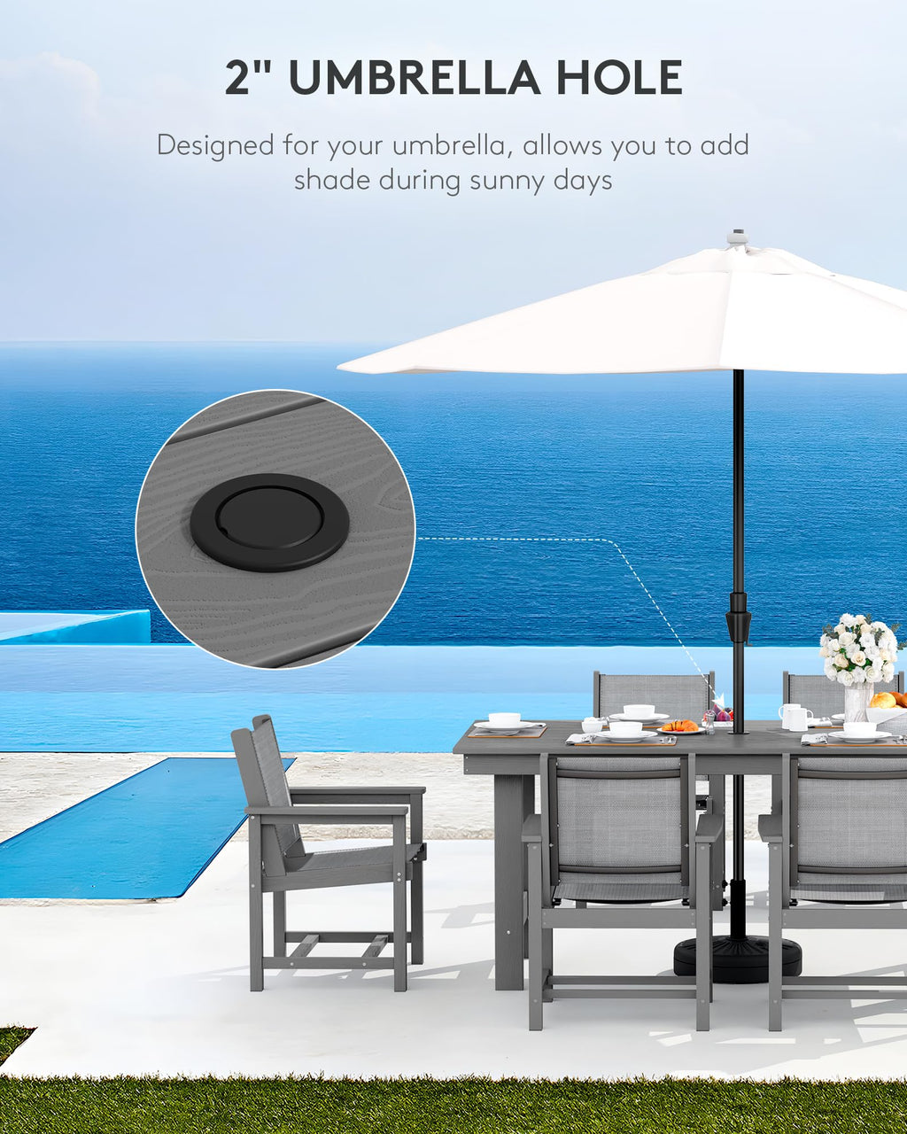 Serwall 5 Piece Outdoor Dining Table Sets For 4 With 1 Umbrella Hole Cut-Out Rectangular Table And 4 Textilene Chairs, Hdpe Dining Table Sets For Garden, Backyard, Poolside, Gray