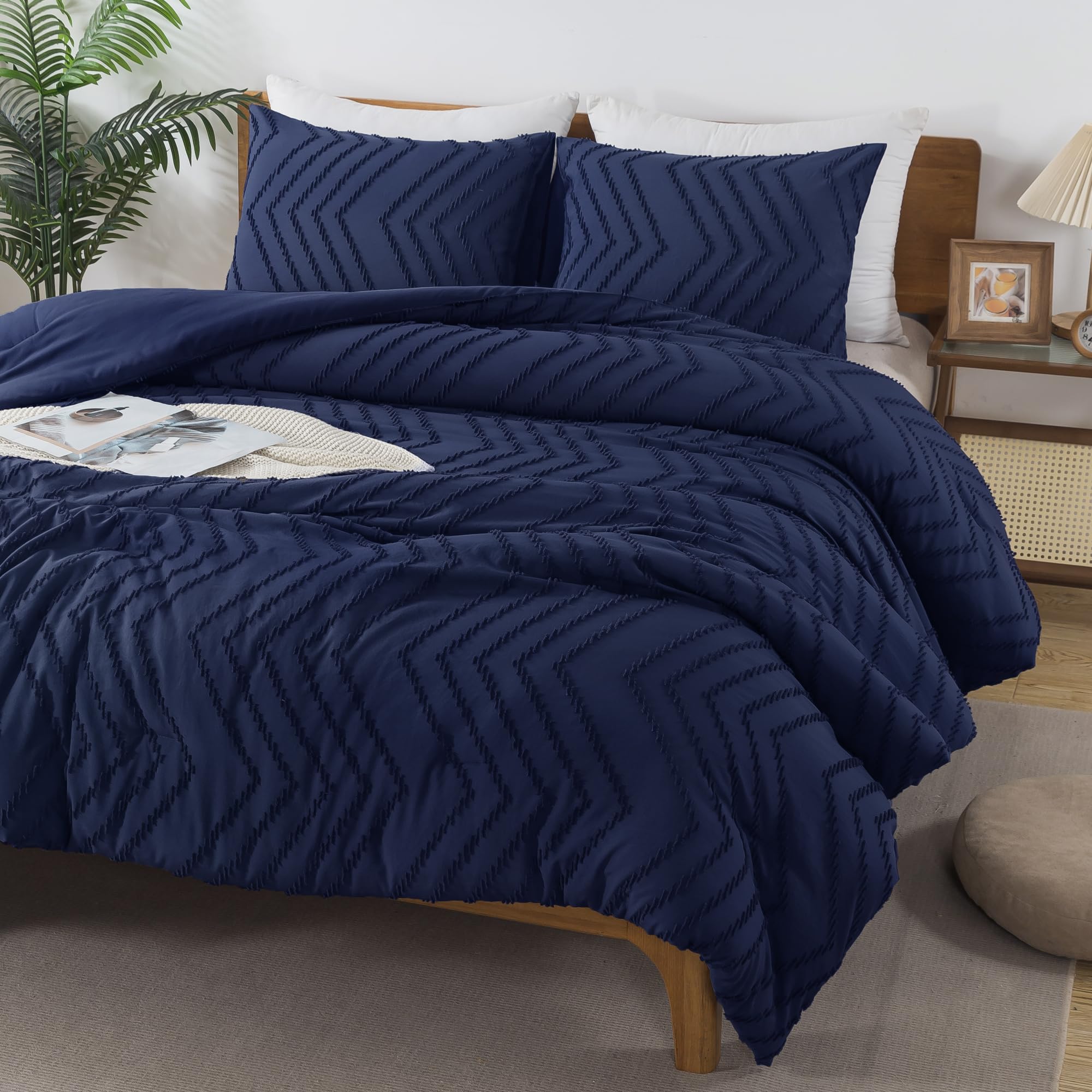 Andency Navy Blue California King Comforter Set, Boho Cal King Soft Warm Tufted Neutral Bedding Comforter Sets, 3 Pieces Cali Ki