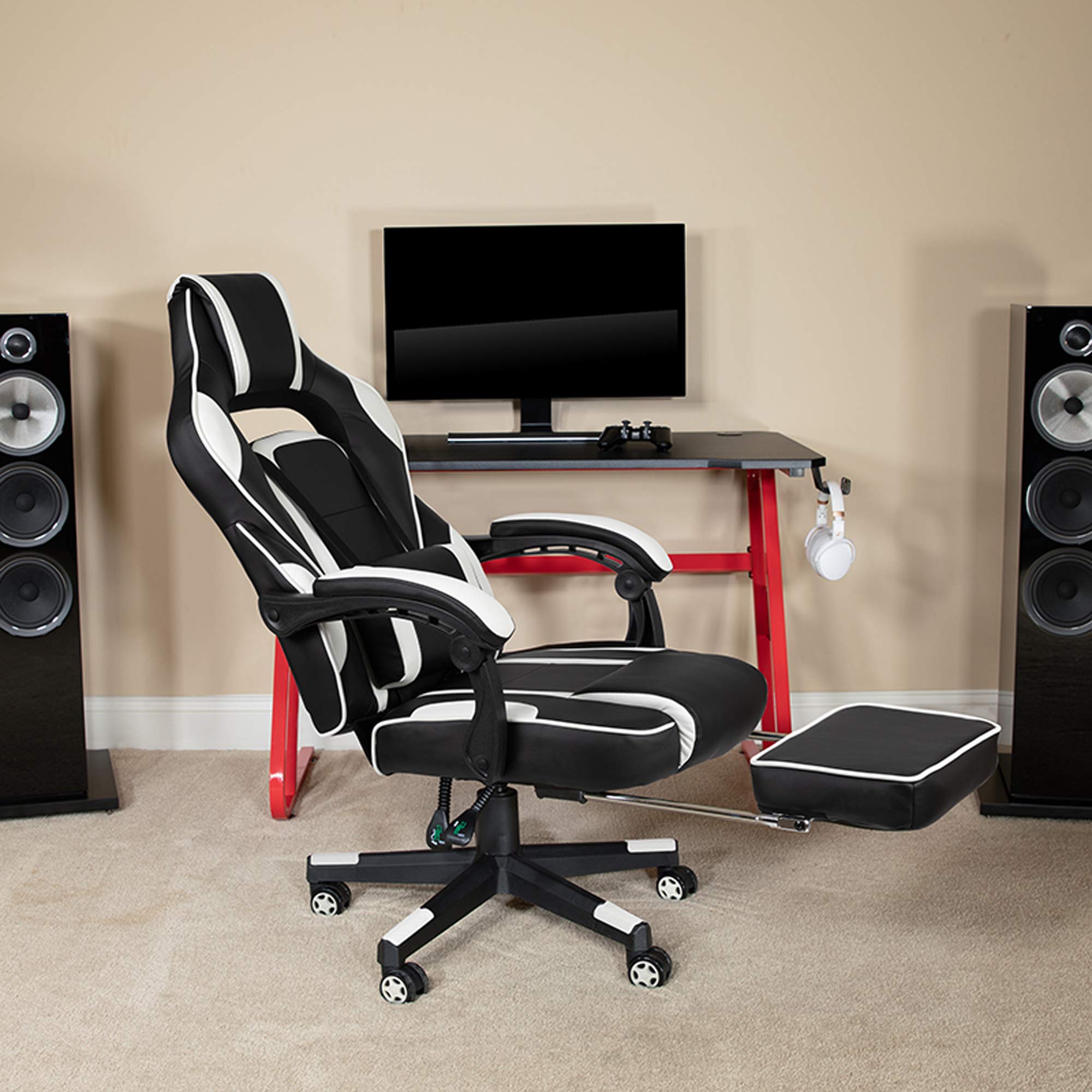 Flash Furniture X40 Gaming Chair Racing Ergonomic Computer Chair With Fully Reclining Back/Arms, Slide-Out Footrest, Massaging Lumbar - White