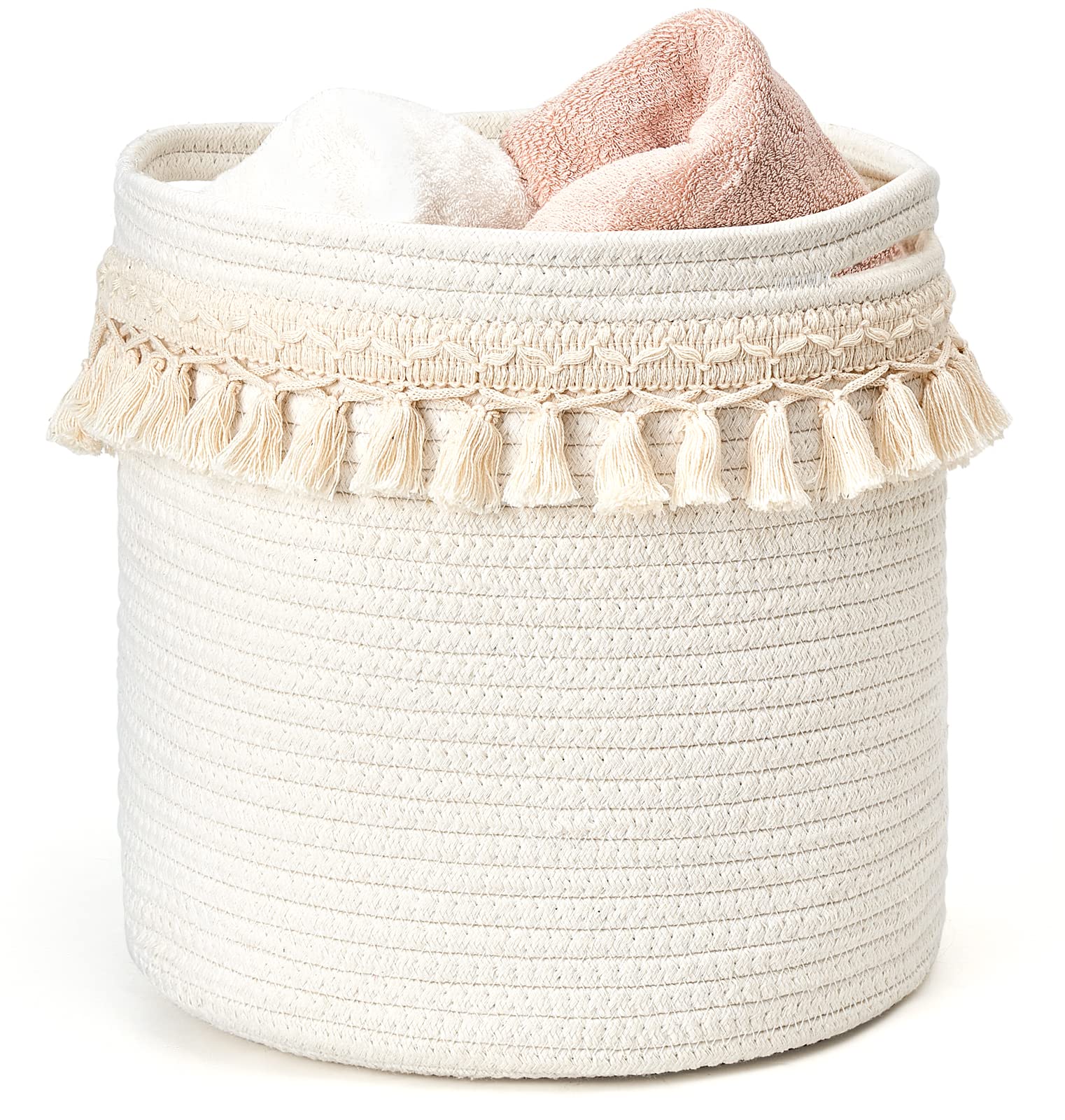 Mkono Macrame Decorative Cotton Rope Basket Boho Nursery Decor Cute Woven Tassel Closet Storage Bins Organizer for Baby Toys,Dia