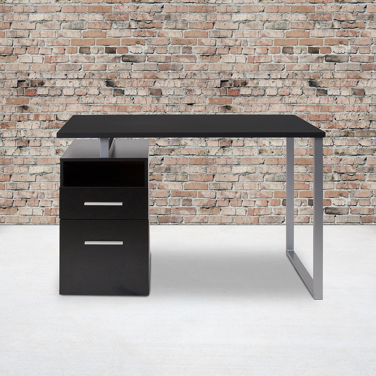 Flash Furniture Harwood Dark Ash Wood Grain Finish Computer Desk With Two Drawers And Silver Metal Frame