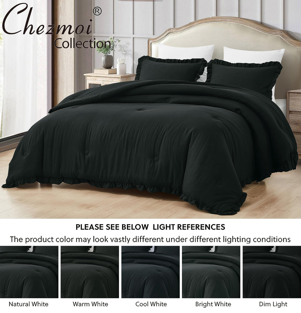 Chezmoi Collection Nora Black Comforter Set Full Size 3-Piece Fluffy Soft Lightweight Bedding Ruffled Edge Trim Stone-Washed Mic
