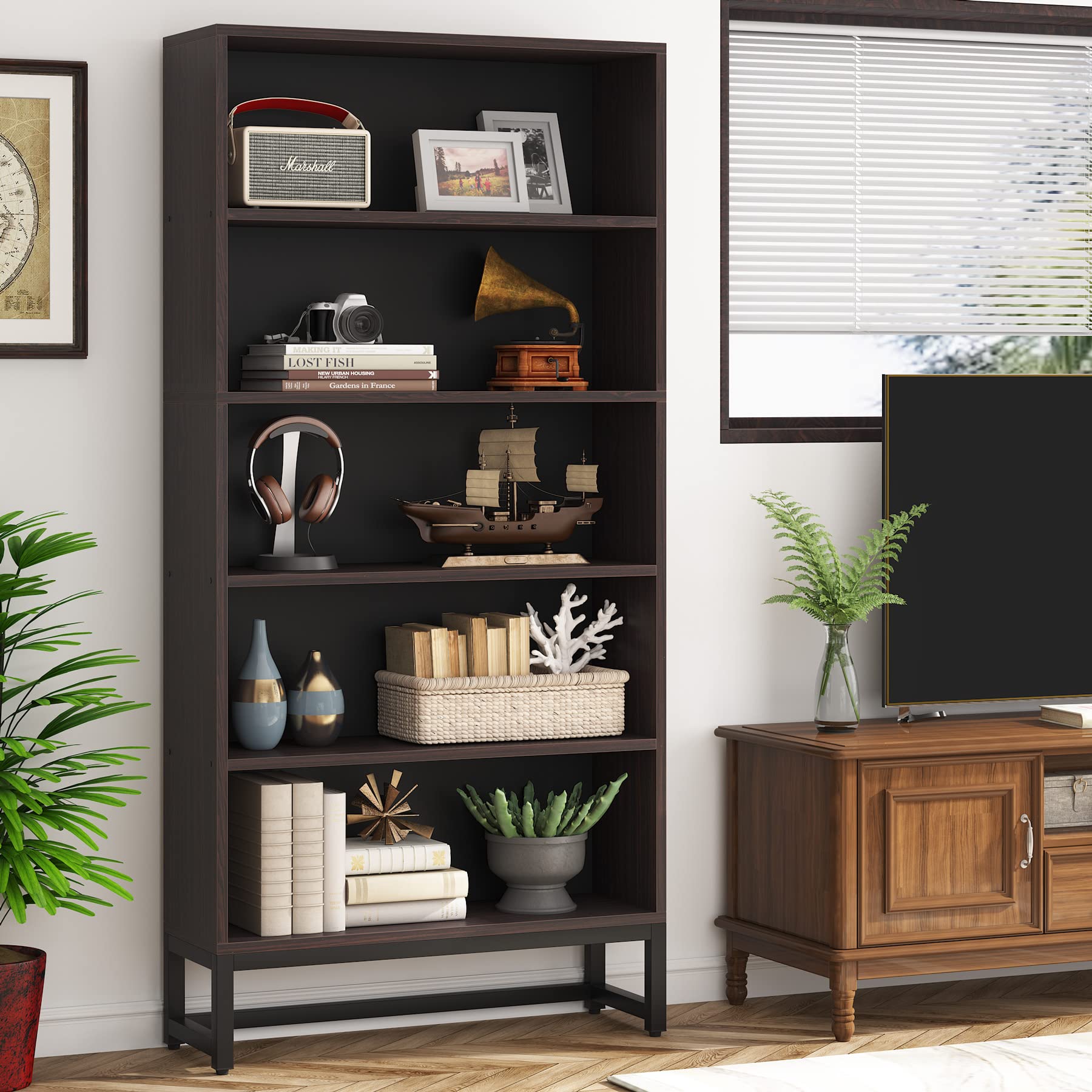 Tribesigns Tall Bookcase And Bookshelf, 70.8” Large Bookcases Organizer With 5-Tier Storage Shelves, Heavy Duty Free-Standing Library Bookshelf Shelving Unit For Living Room, Bedroom (Sandalwood)