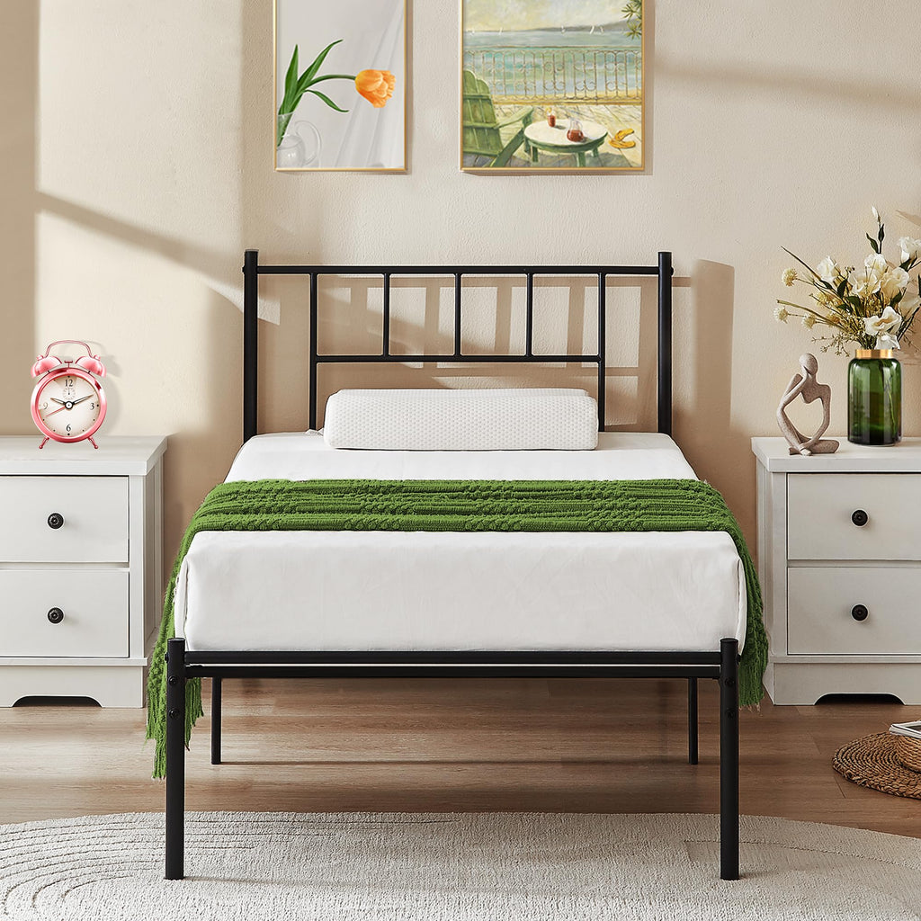 Vecelo Twin Metal Platform Bed Frame With Headboard, Heavy Duty Steel Slat Support, Under Bed Storage,No Box Spring Needed, Easy Assembly