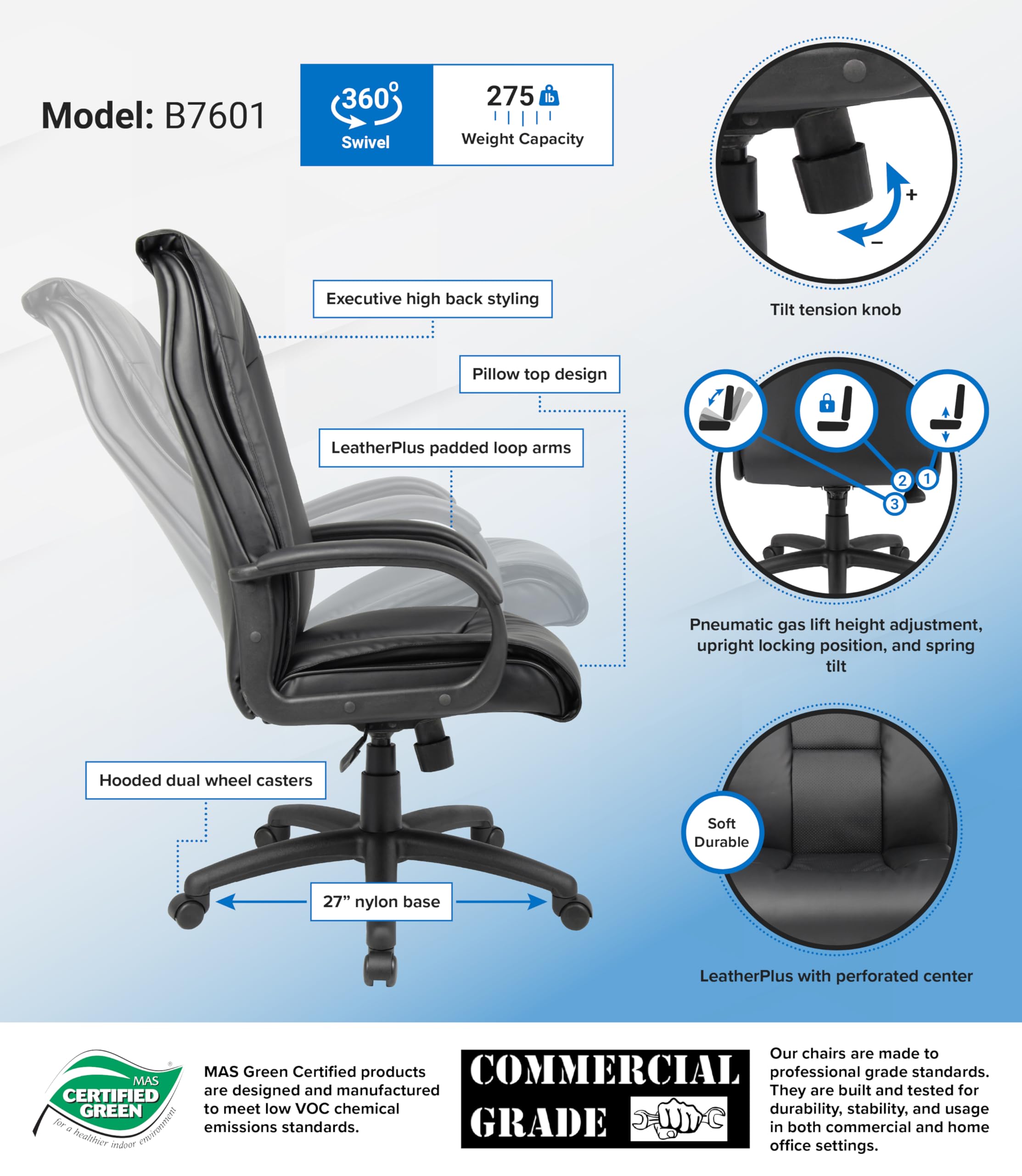 Boss Office Products Executive Leatherplus Chair With Padded Arms In Black