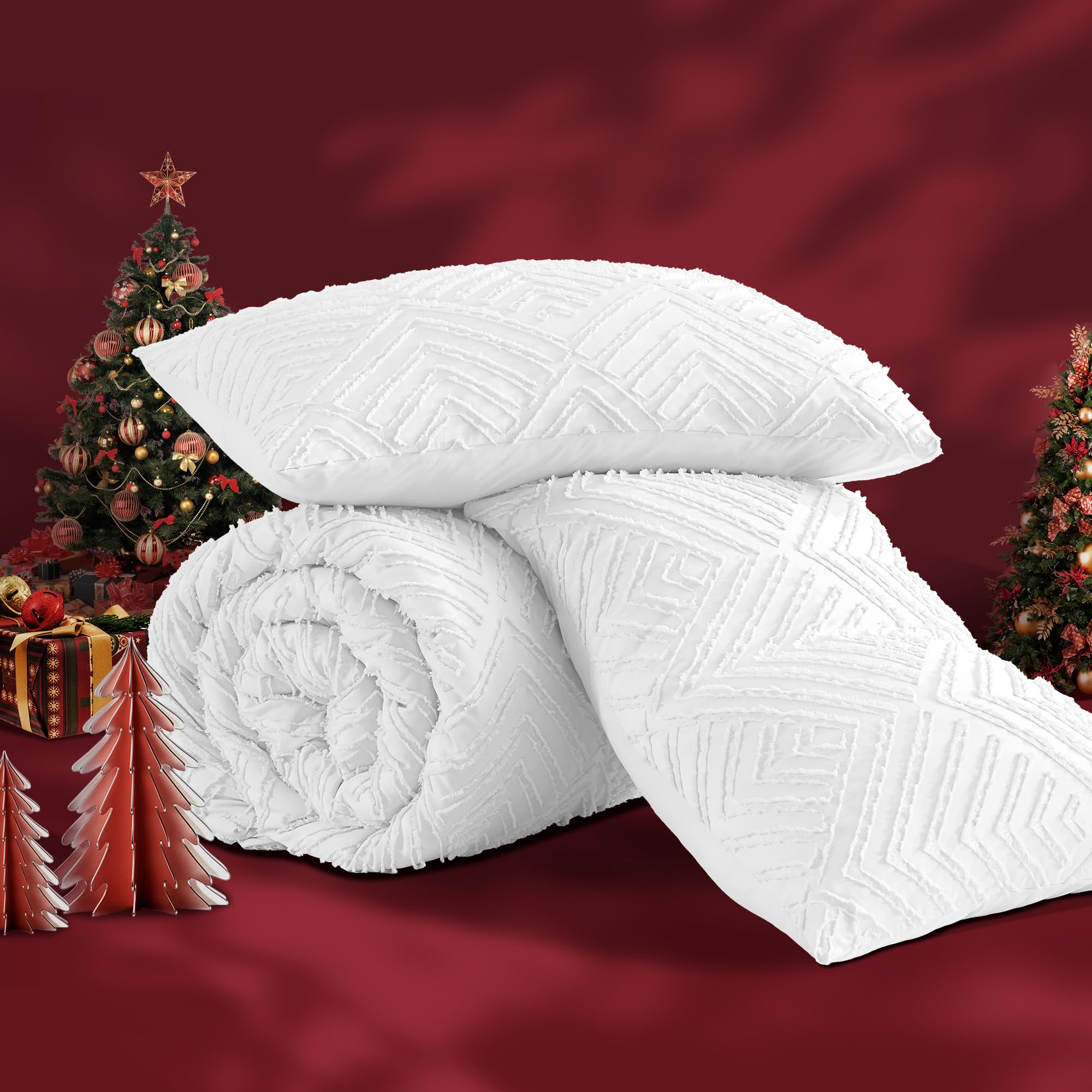Andency White Comforter Full Size, 3 Pieces Boho Lightweight Fluffy Bedding Comforter Set For Full Bed, Tufted Farmhouse Design Bed Set For All Seasons (1 Comforter 79X90In, 2 Pillowcases)