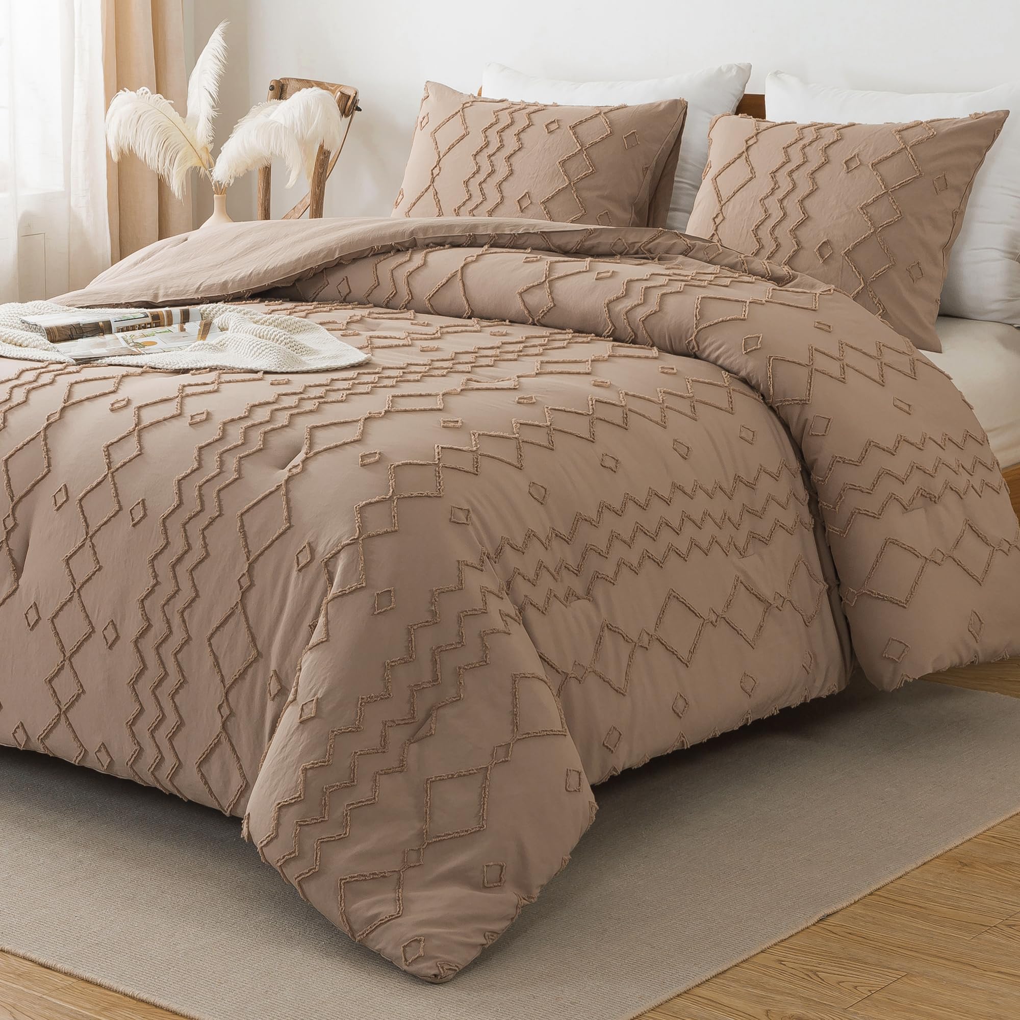 Andency Taupe Tufted Comforter Set Queen(90X90Inch), 3 Pieces(1 Boho Comforter, 2 Pillowcases) Textured Farmhouse Comforter, Sof