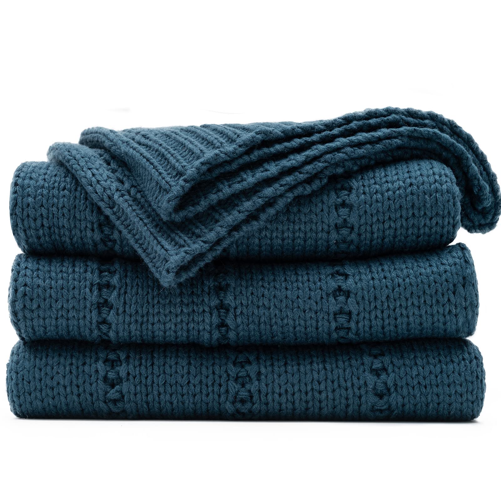 Recyco Cable Knit Navy Blue Throw Blanket Twin Size For Couch, Super Soft Warm Cozy Decorative Knitted Throw Blanket 3.6Lb For B