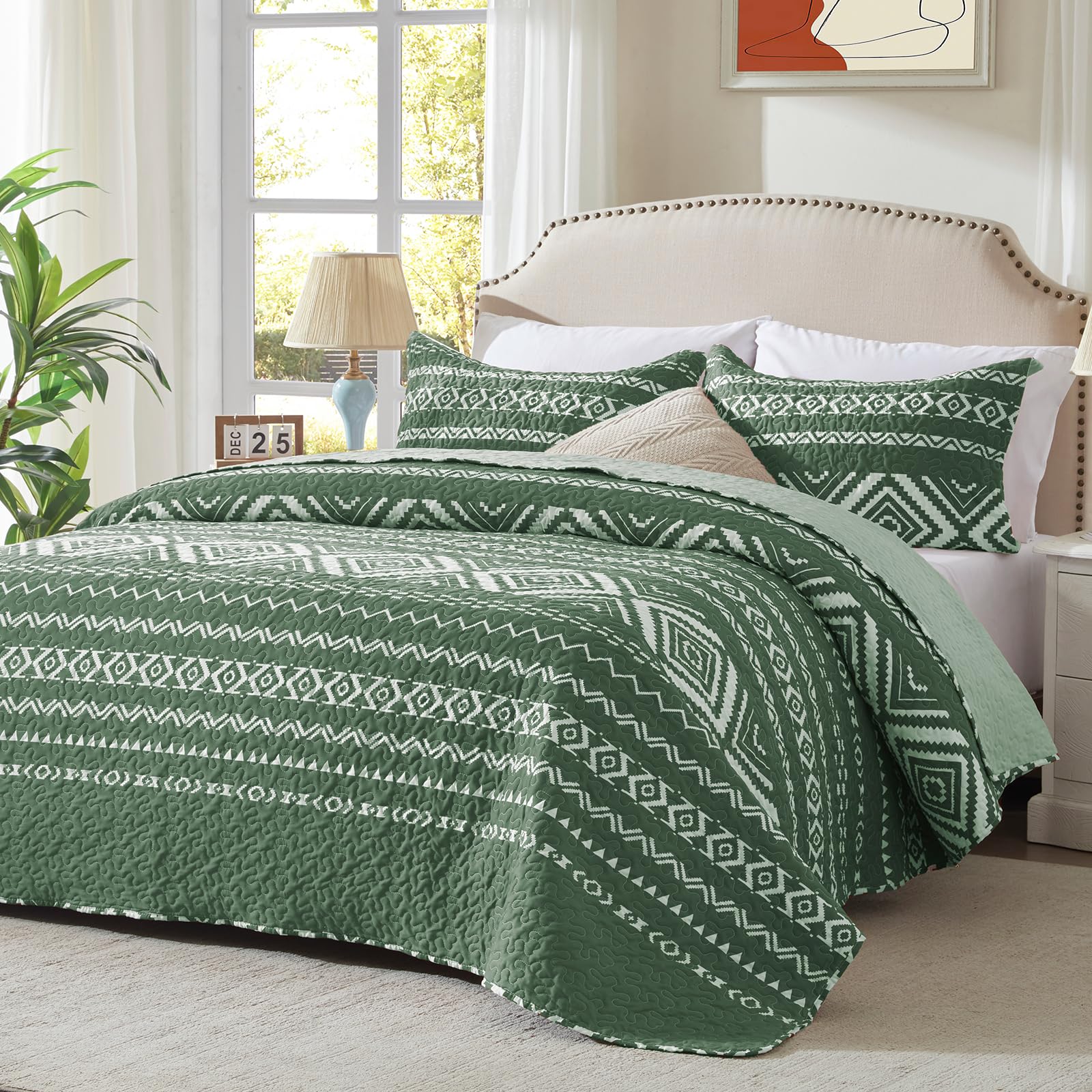 Leaonme 3 Pieces Full Queen Size Olive Green Quilt Set With Checkered Pattern Lightweight Oversized Bedspread 90'X98' Soft Cov