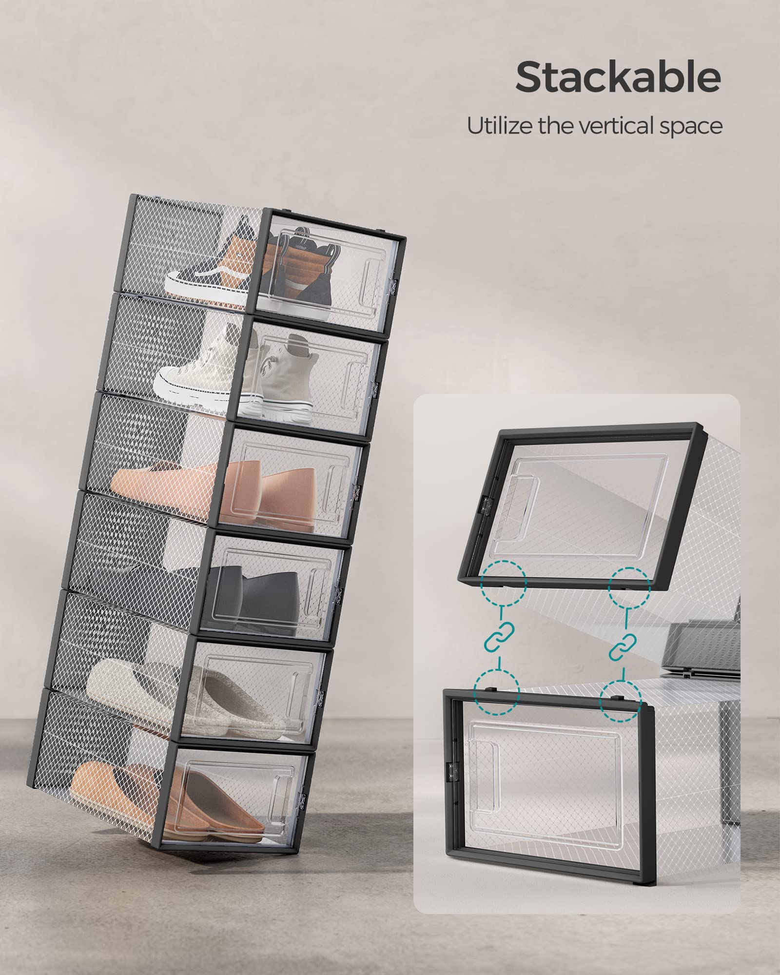 SONGMICS Shoe Boxes - Stackable Clear Plastic Organizers, 12 Count, Fits US Size 11, Transparent + Black, Model ULSP006B12