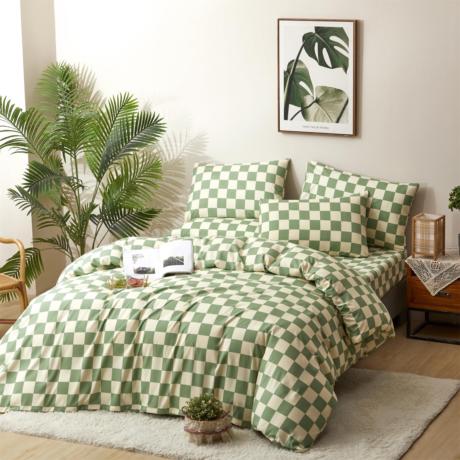 Clothknow Green White Grid Comforter Set Full 3Pcs Plaid Bedding Comforter Sets Sage Green White Comforter Full Size Soft Geomet