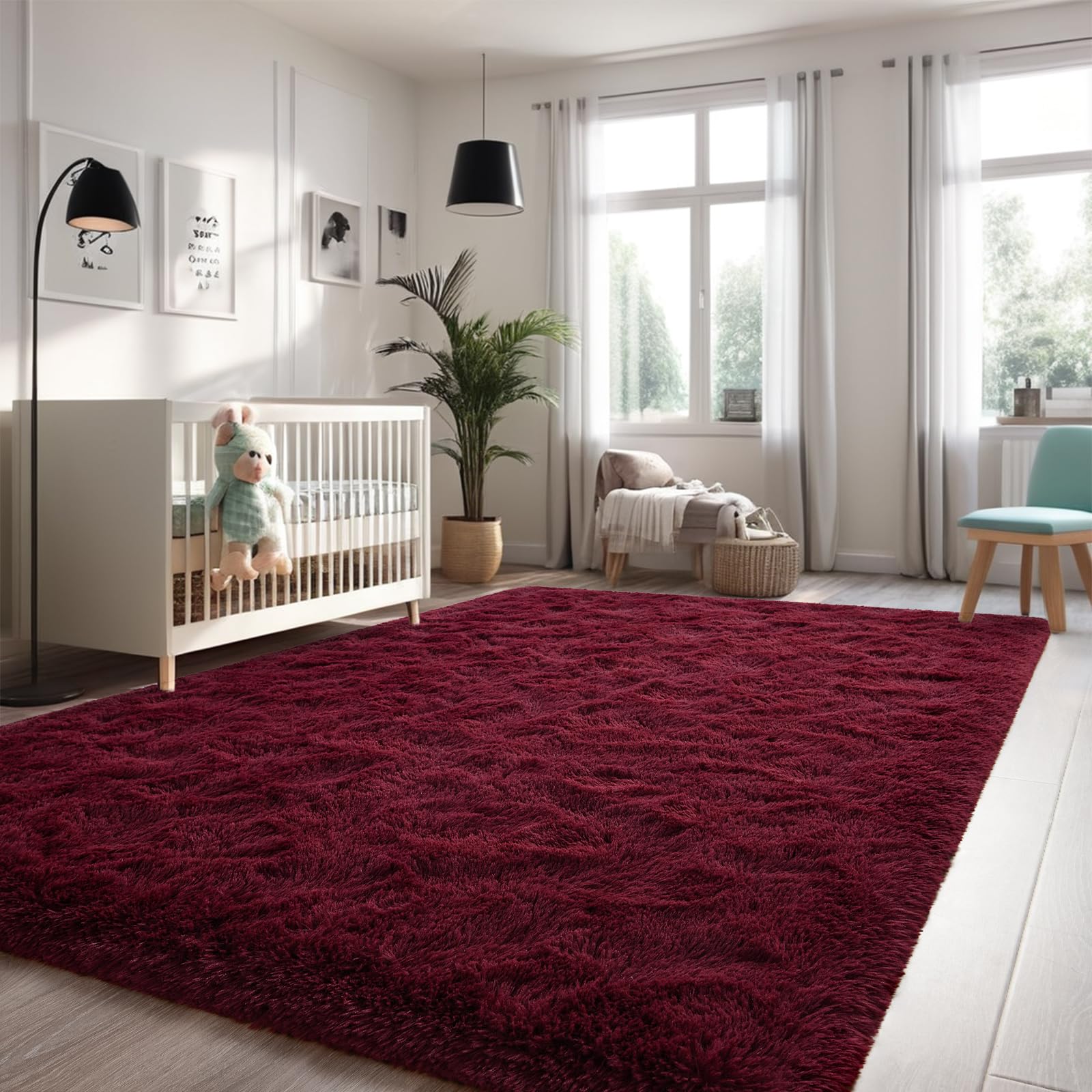 Larhom Burgundy Fluffy Area Rugs For Living Room Bedroom,8X10 Feet Ultra Soft Indoor Modern Plush Fuzzy Rug, Thickened Carpet Fo