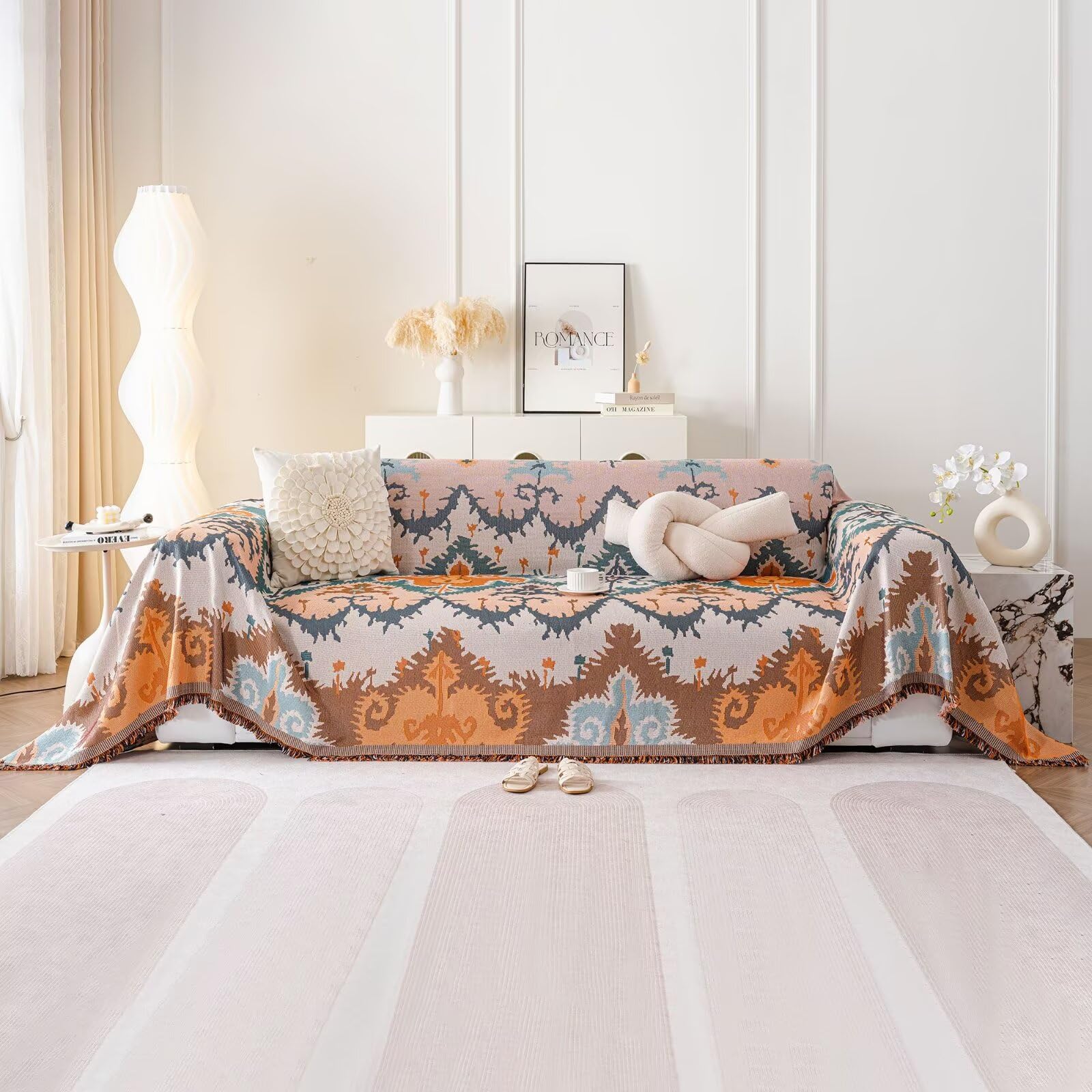 Vclife Soft Cotton Linen Couch Cover Boho Beige Caramel Blue Coffee Geometry Jacquard Sofa Cover Pet Friendly Couch Cover For 2-