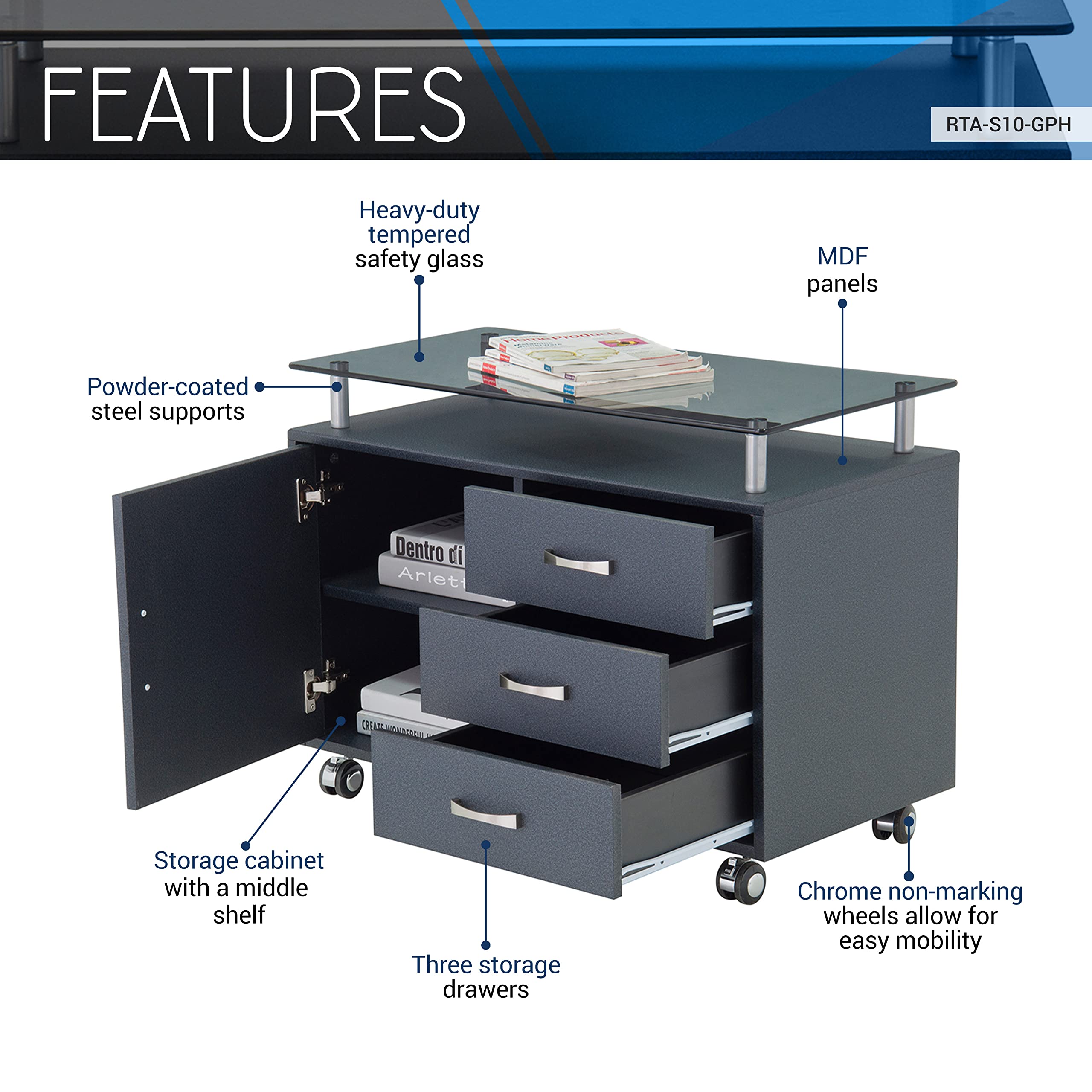 Techni Mobili Rolling Storage Cabinet RTA-S10-GPH06 Frosted Glass Graphite