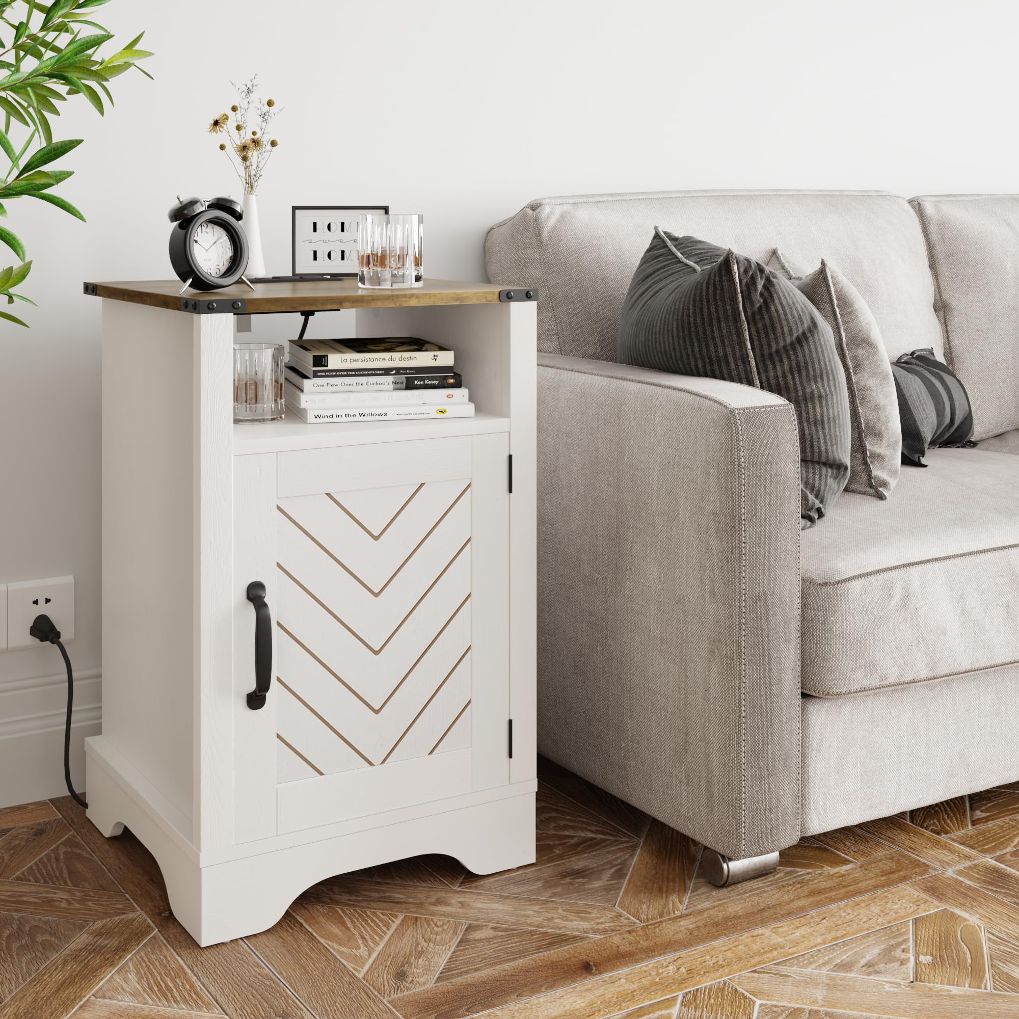 Royalcraft Tall Farmhouse Nightstand With Charging Station, White End Table With Storage, Large Wooden Rustic Bedside Table For