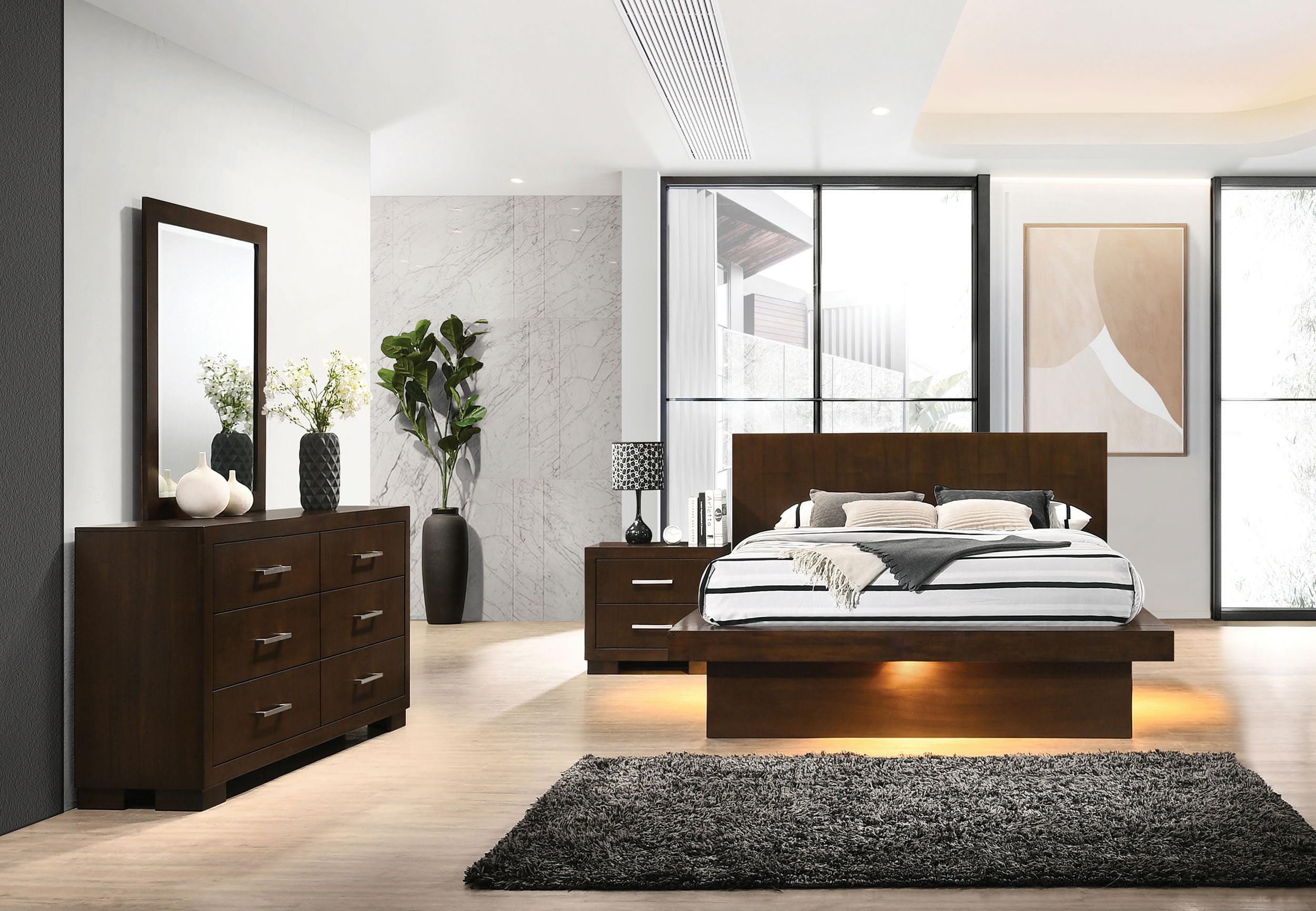 Coaster Home Furnishings Jessica Contemporary 4-Piece Bedroom Set Eastern King Size LED Panel Bed Frame 43-inch Headboard Cappuccino 200711KE-S4