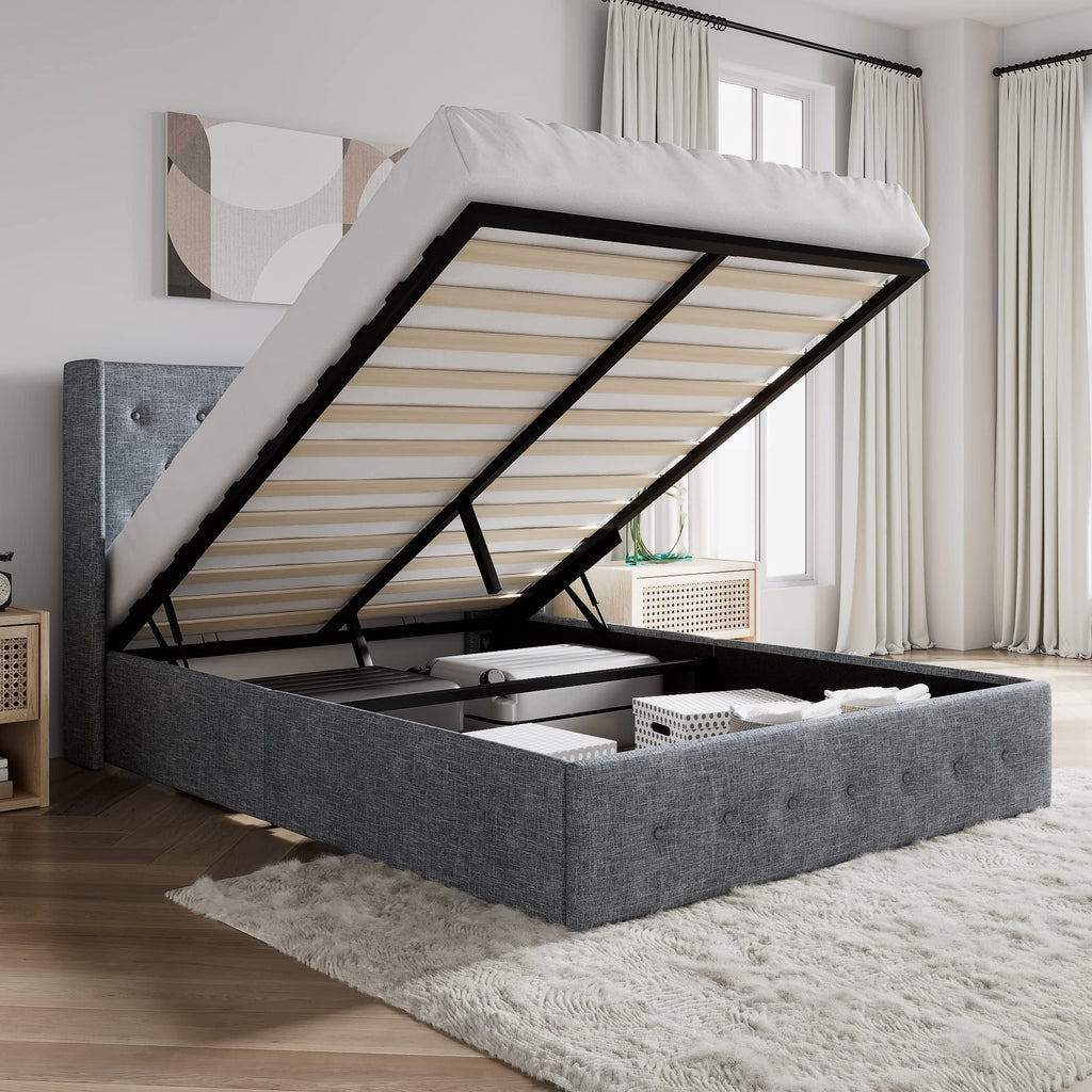 Sha Cerlin Full Size Lift Up Storage Bed/Button Tufted Wingback Headboard/Hydraulic Storage/Upholstered Platform Bed Frame/No Box Spring Needed/Wood Slats Support/Grey Blue