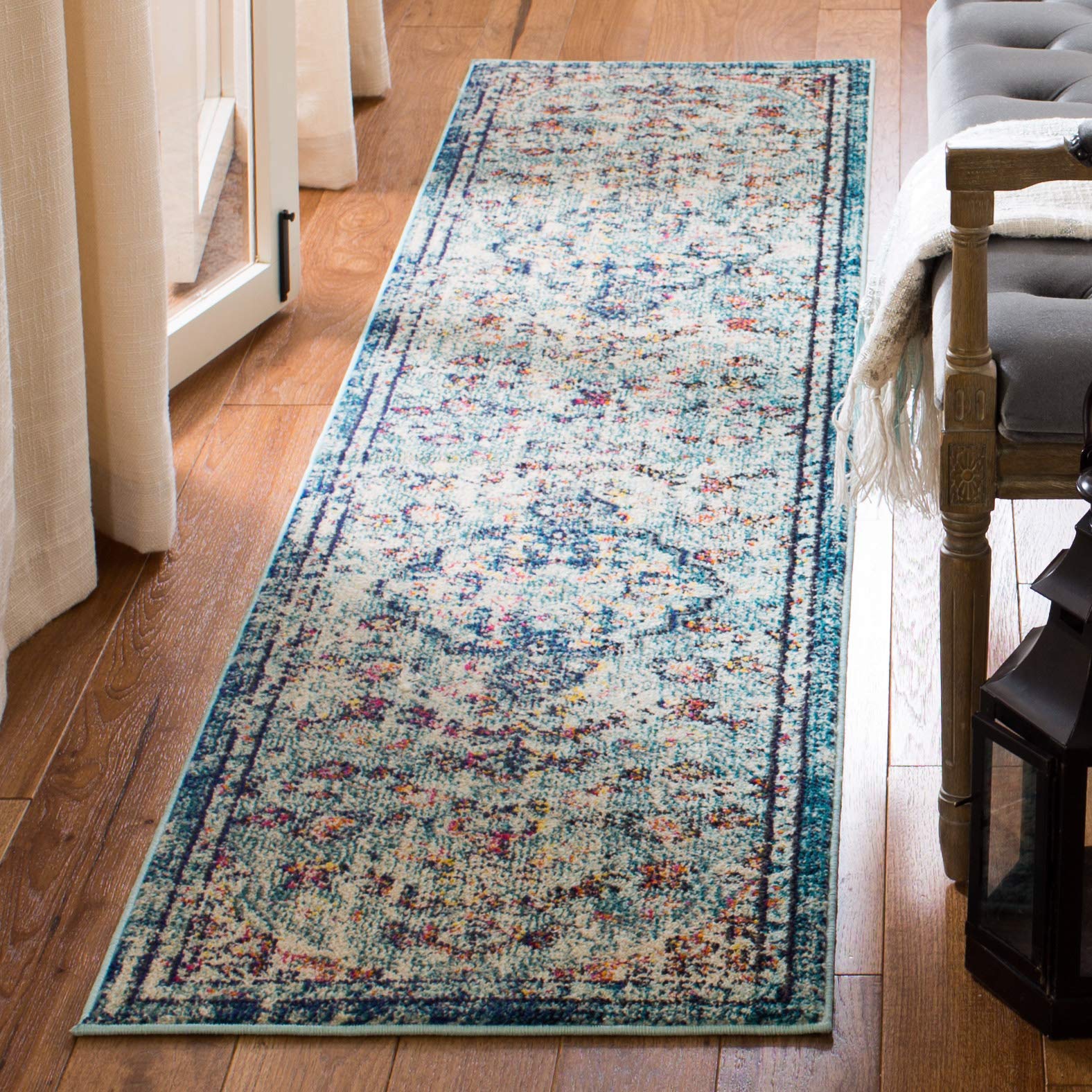 SAFAVIEH Madison Collection Runner Rug - 22 x 20, Navy & Light Blue, Boho Chic Medallion Distressed Design, Non-Shedding & Eas