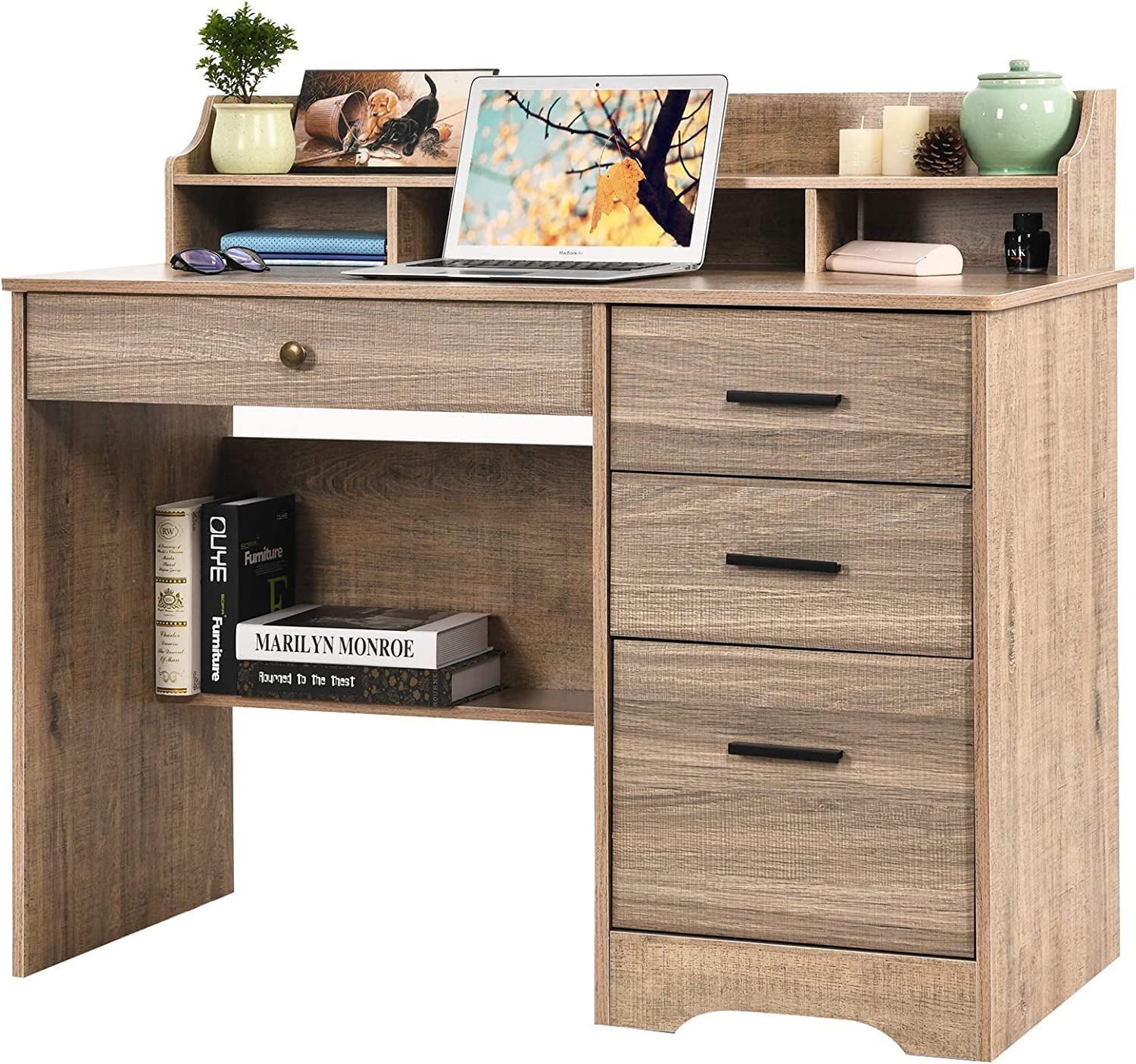 Catrimown Computer Desk with Drawers and Hutch, Wood Executive Desks for Home Office Bedrooms Desk Student Teen Writing Laptop T