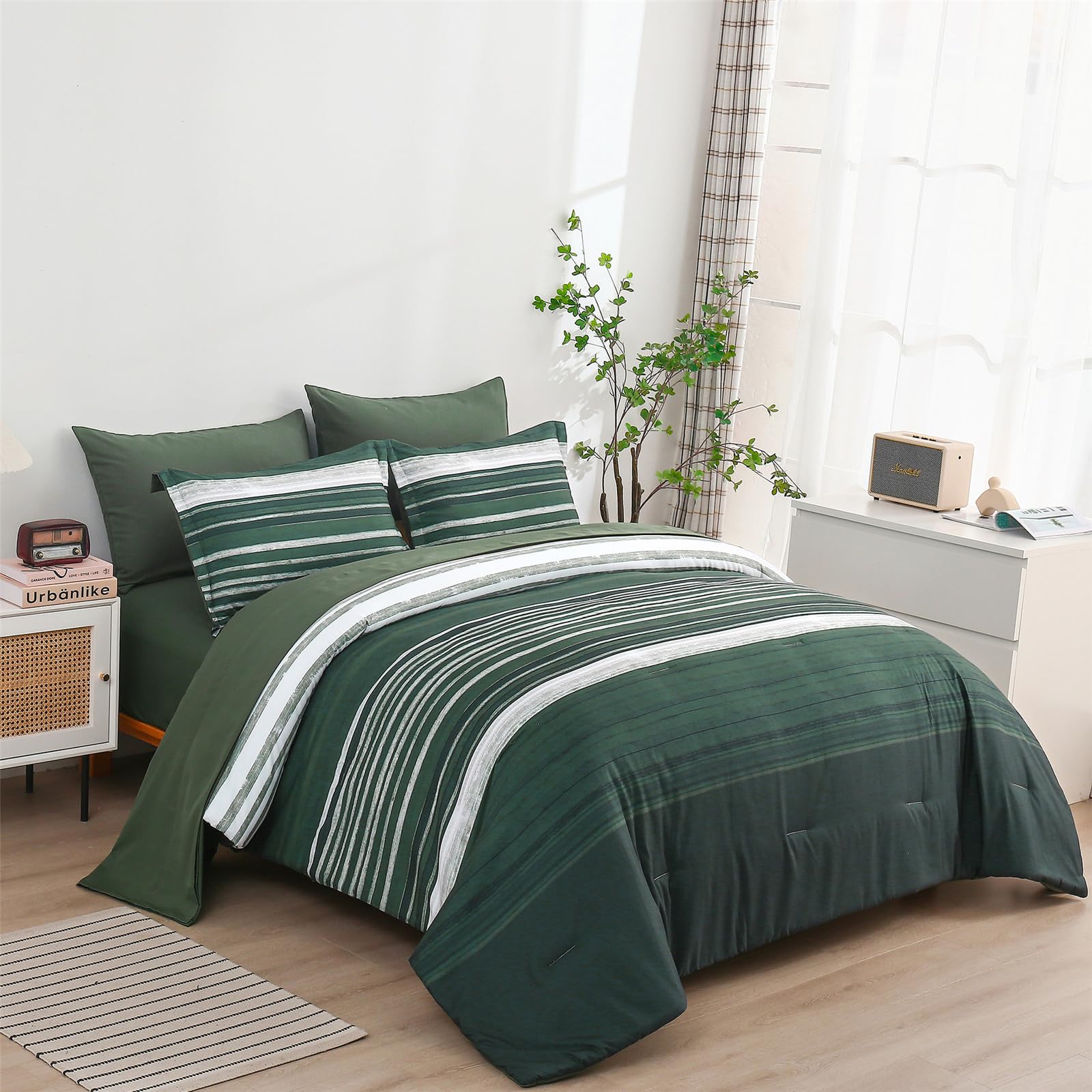 Kakijumn 7 Piece Bed In A Bag Stripe Comforter Set Full Size, White Grey Green Patchwork Striped Comforter And Sheet Set, All Se