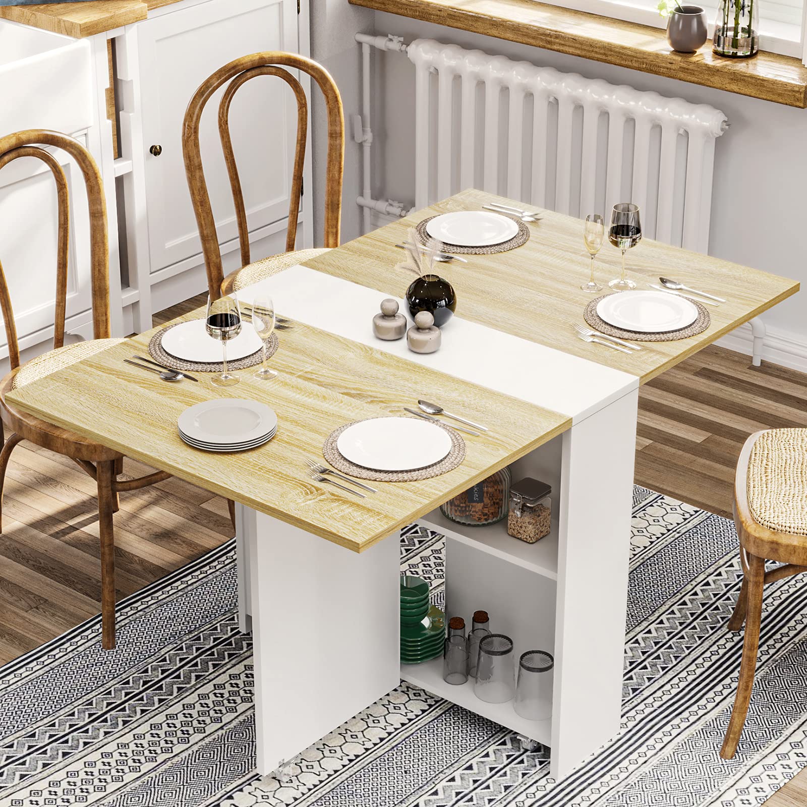 Tiptiper Folding Dining Table with 6 Casters, Drop Leaf Dining Table with Storage Shelves, Folding Kitchen Table for Small Apart
