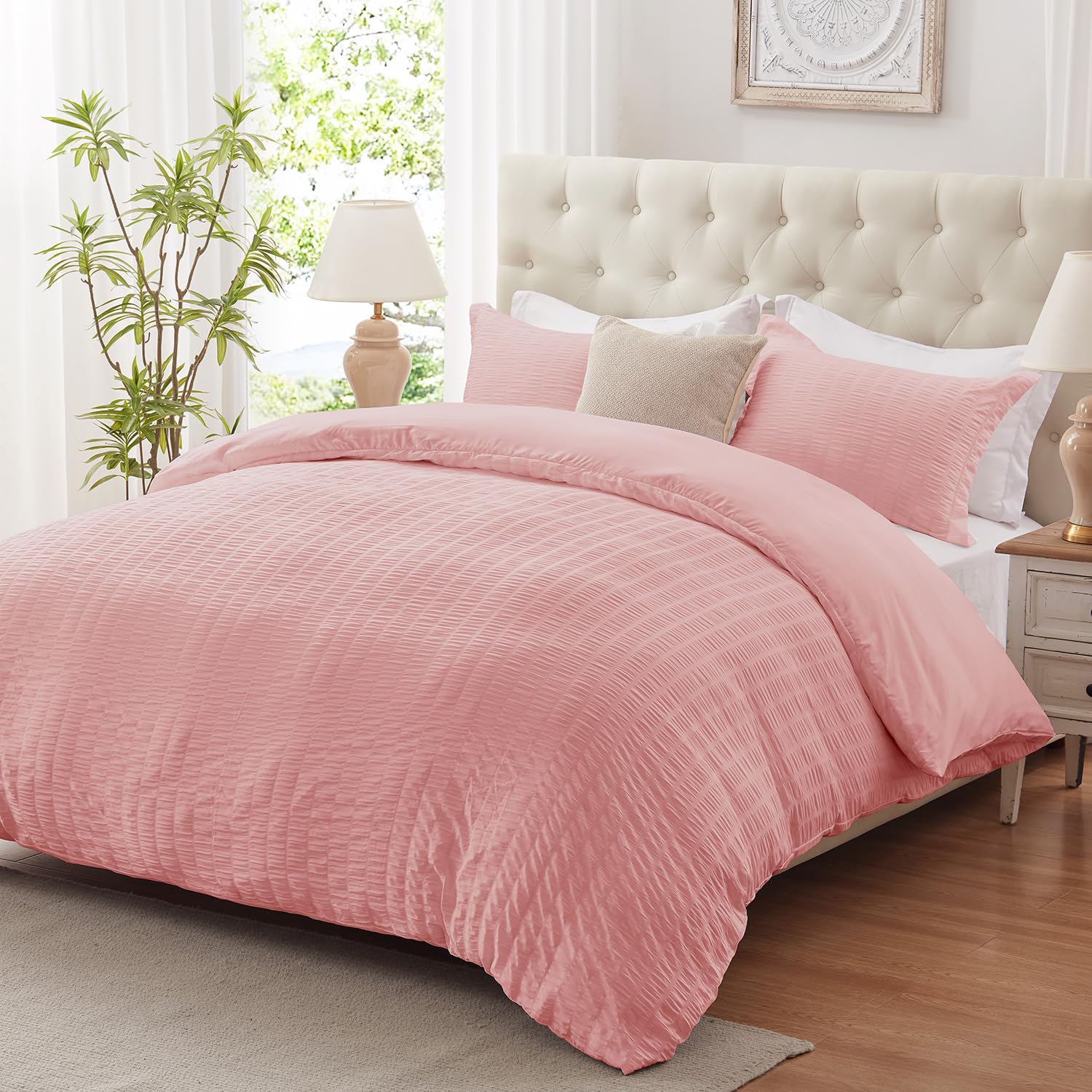 Cozyide Pink Duvet Cover King Size, 3 Pieces Bedding Duvet Covers, Soft Breathable Seersucker Duvet Cover Set With Zipper Closur