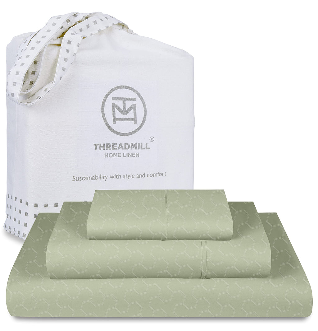 Threadmill 500 Thread Count Twin Size 3 Pc Luxury Cotton Bedding Set, Jacquard Floria Sage Green, Damask Sheets with 15'' Elasti