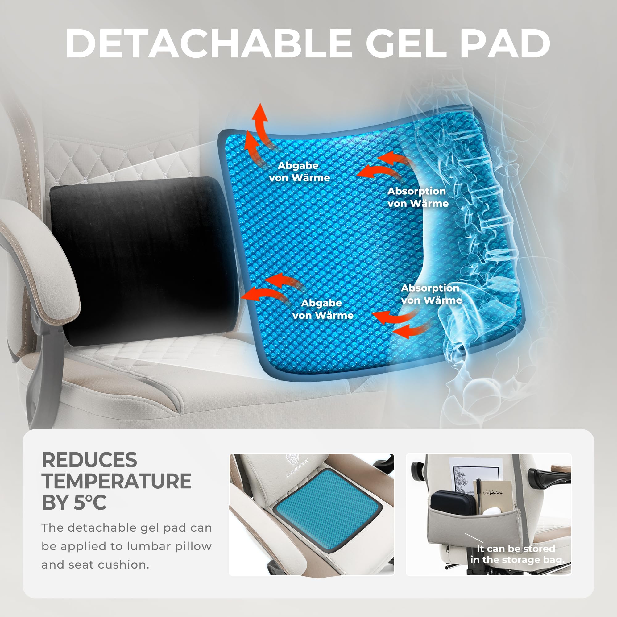 Dowinx Gaming Chair Breathable Fabric Computer Chair With Pocket Spring Cushion, Comfortable Office Chair With Gel Pad And Storage Bag,Massage Game Chair With Footrest,Beige