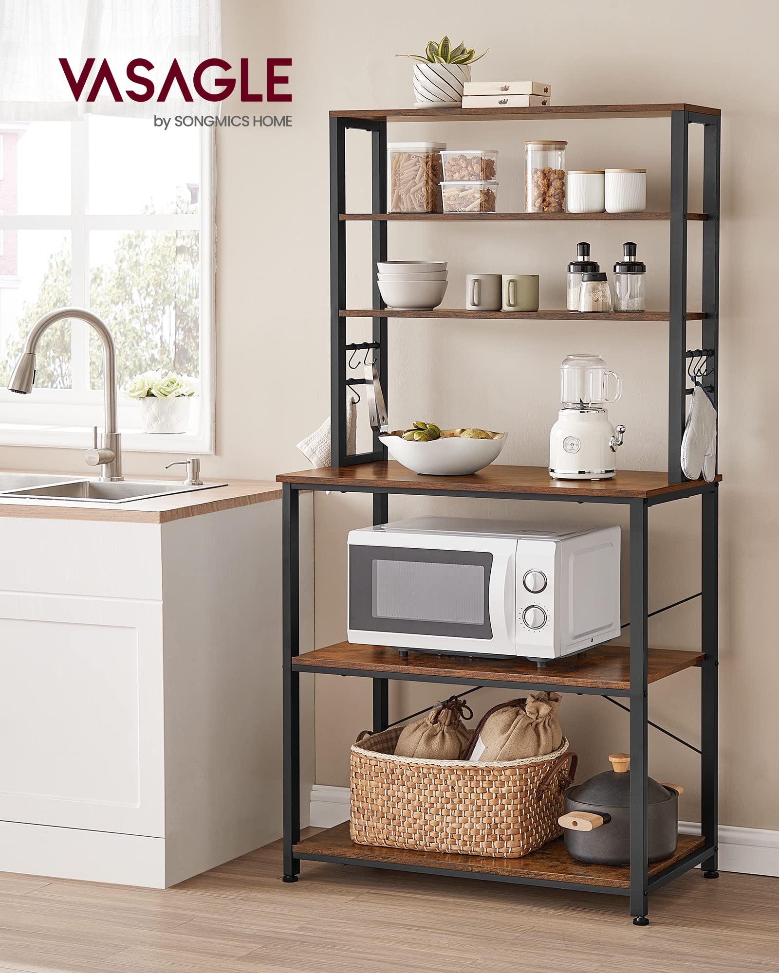 Vasagle Coffee Bar, 31.5 Inches Baker'S Rack For Kitchen With Storage, 6-Tier Kitchen Shelves With 6 Hooks, Microwave Stand, Industrial, Rustic Brown And Black Ukks019B01