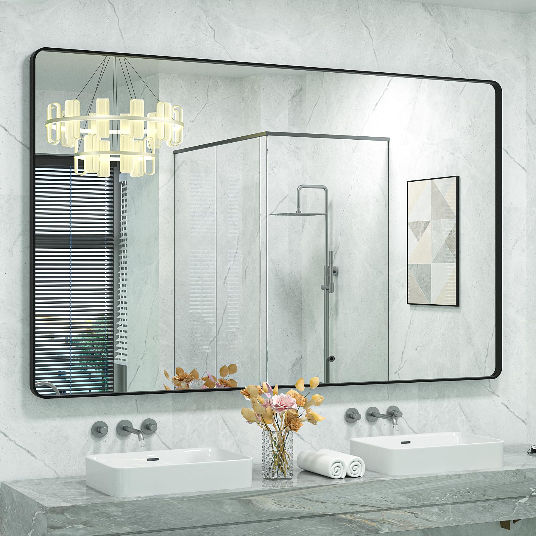 CHARMOR 60x40 Inch Black Metal Framed Bathroom Mirror for Wall, Large Rounded Rectangle Mirror, Matte Black Bathroom Vanity Mirr