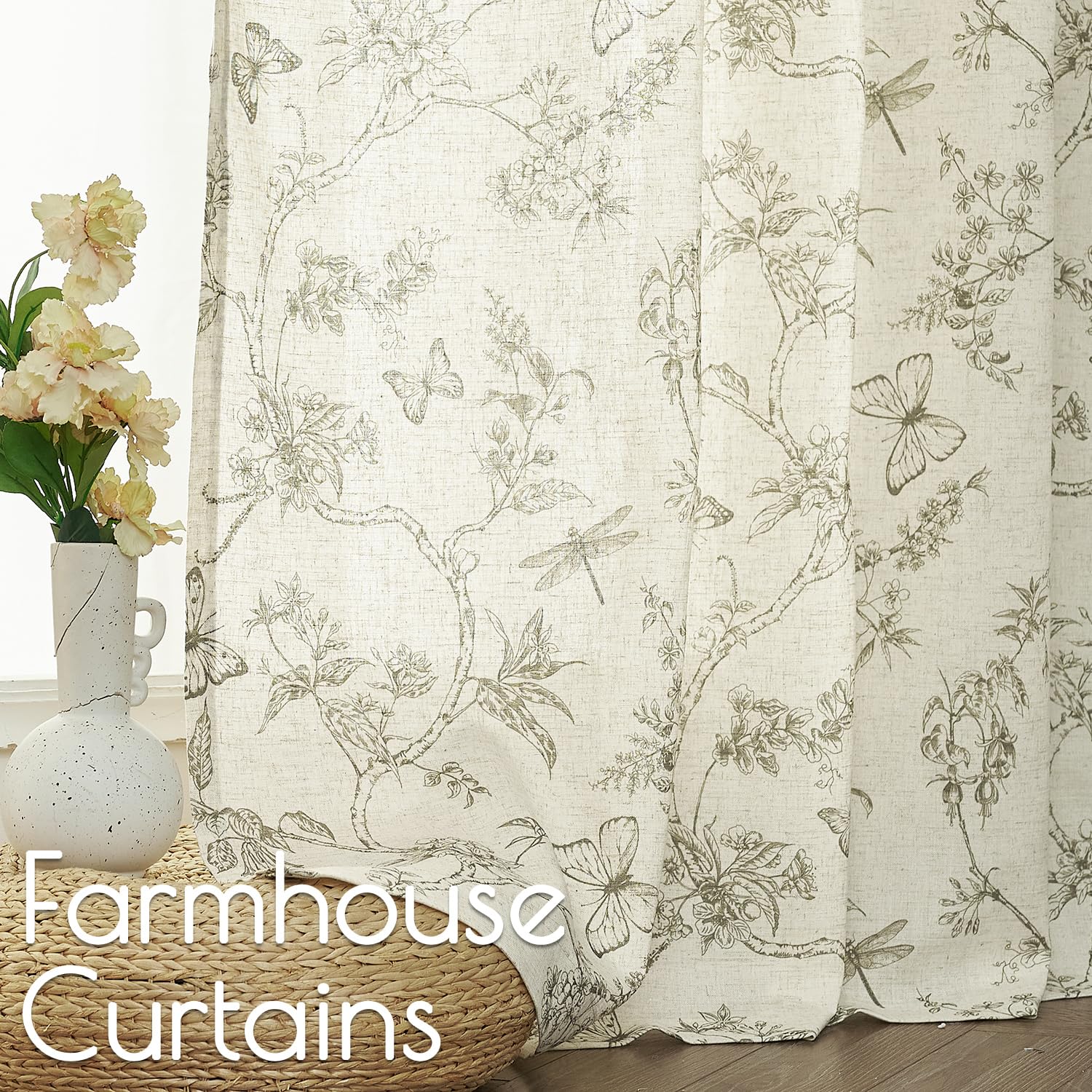 Lazzzy Farmhouse Linen Curtains - 108" Back Tab Drapes, 50"W, Green on Beige, Light Filtering, 2 Panels for Living Room/Bedroom