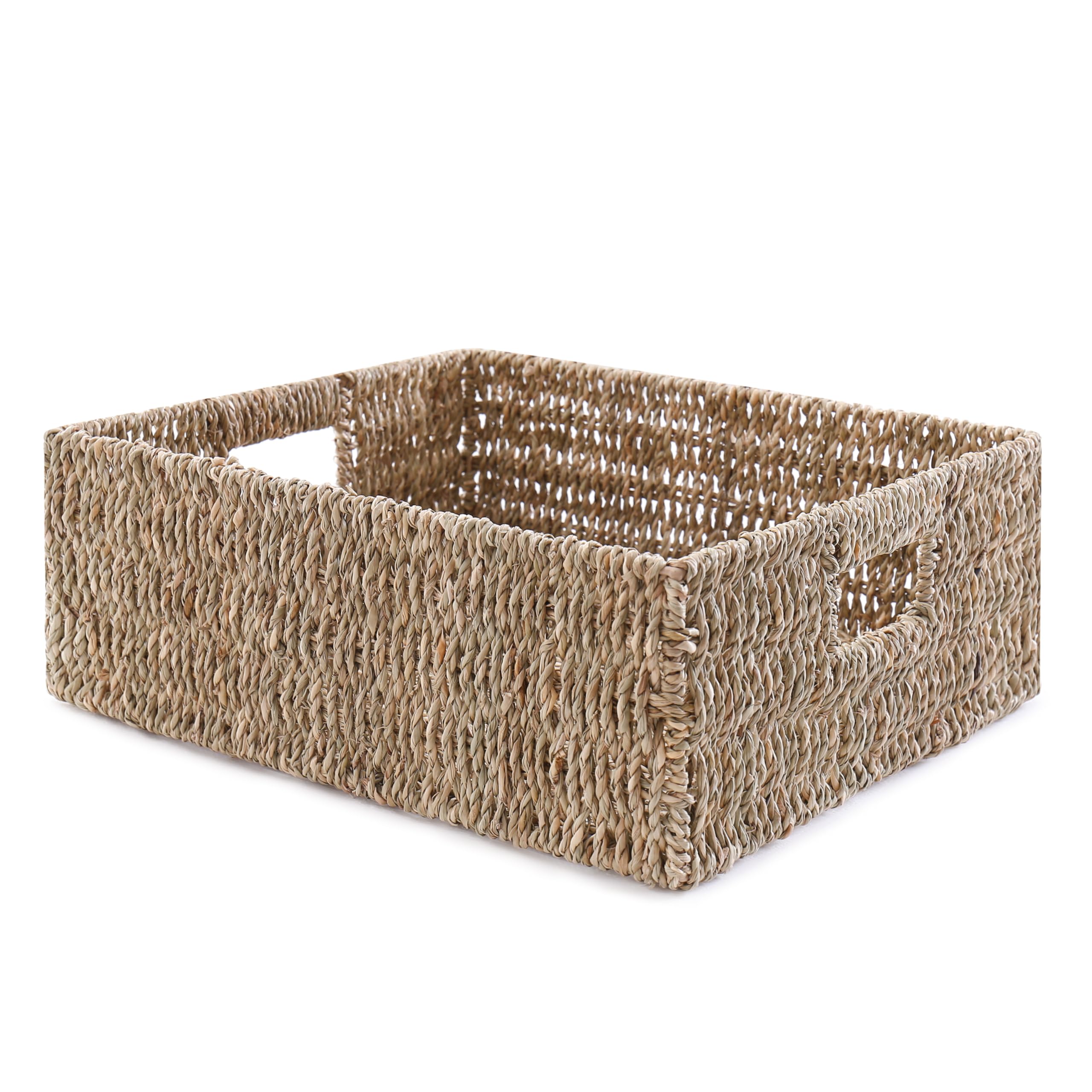 Handwoven Seagrass Storage Basket with Handles, Natural Woven Shelf Organizer Bin for Toys, Books, Closet and Home Storage (32cm