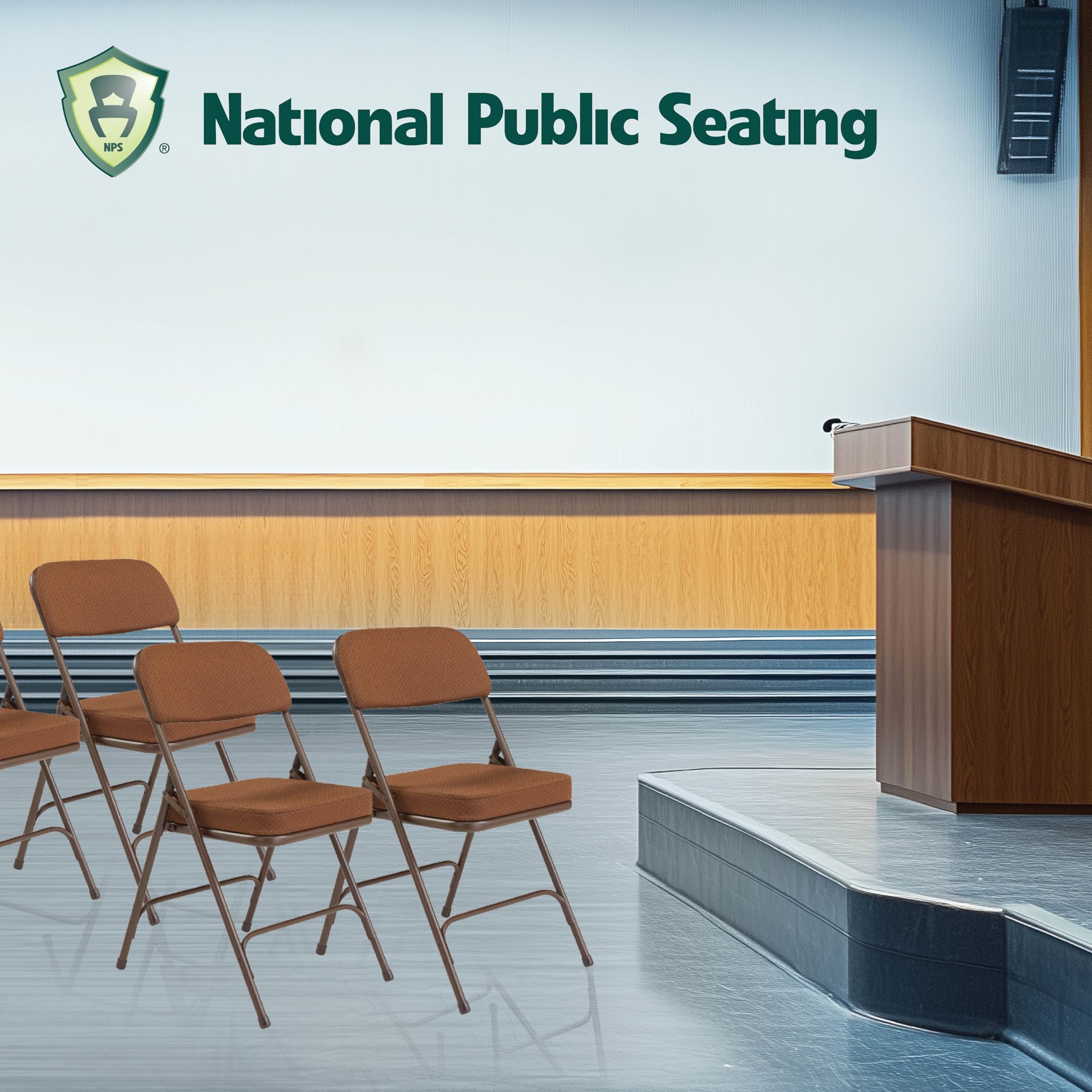 National Public Seating Home Office Decorative 2" Upholstered Seat Folding Chair Fabric Gold Pattern, FrameTextured Brown - 2 Pack