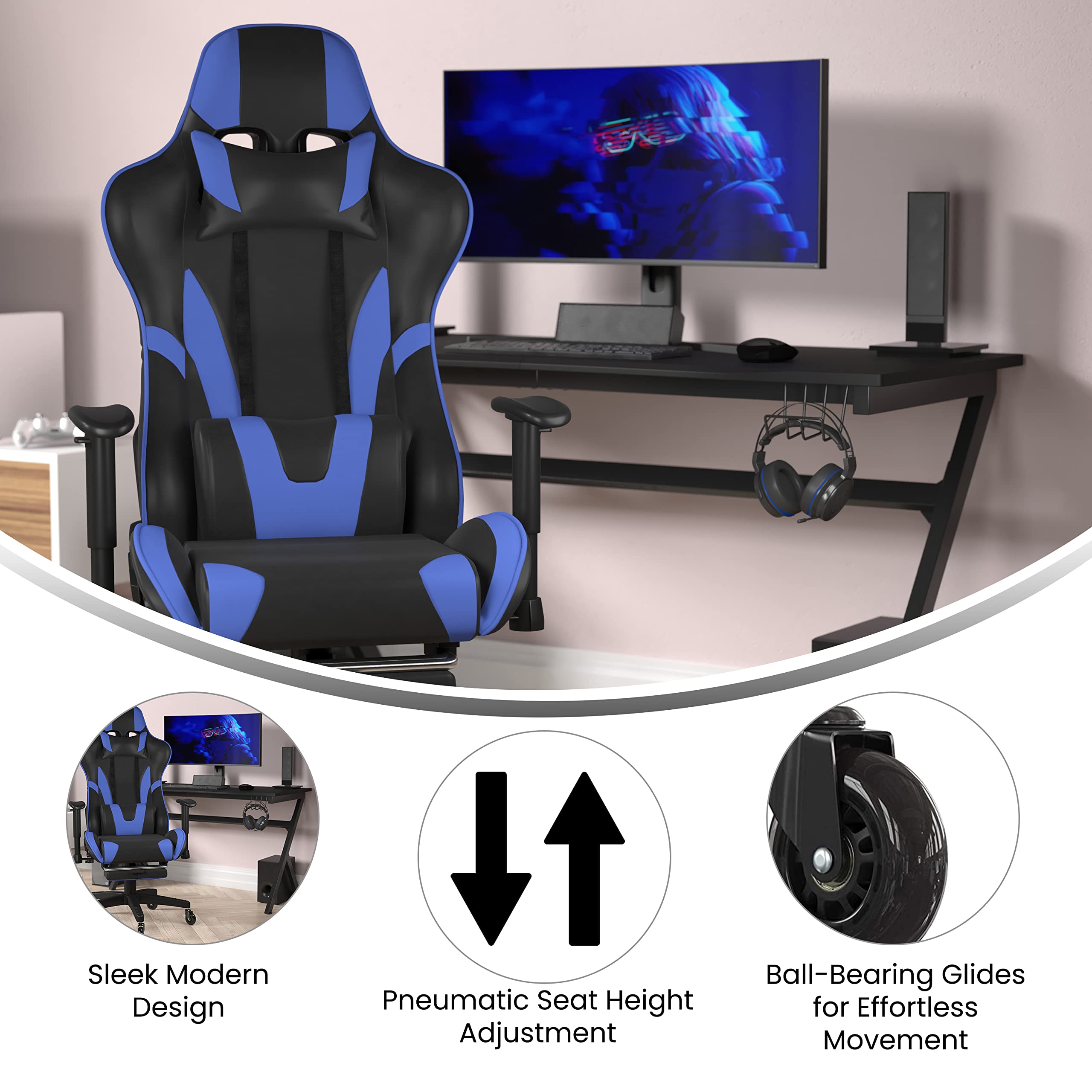 Flash Furniture X30 Gaming Chair Racing Computer Chair - Blue Leathersoft Upholstery - Reclining Back - Slide-Out Footrest - Roller Wheels