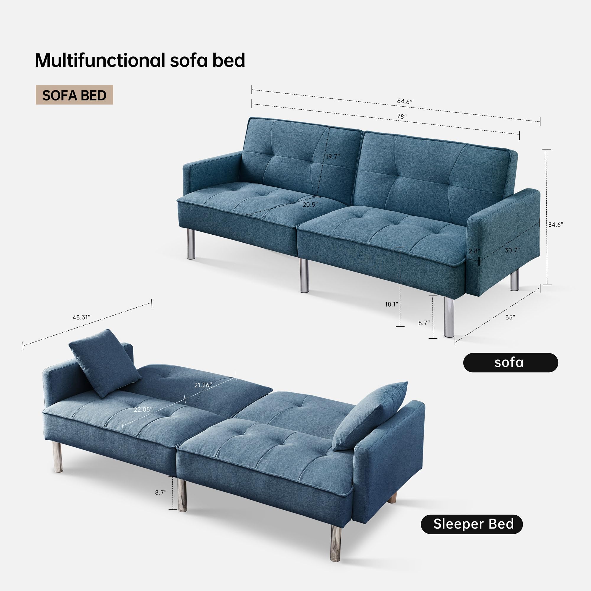 American Furniture Classics Blue Tufted Futon Convertible Sofa Sleeper with Two Throw Pillows Velvet, 85" x 35" x 35"
