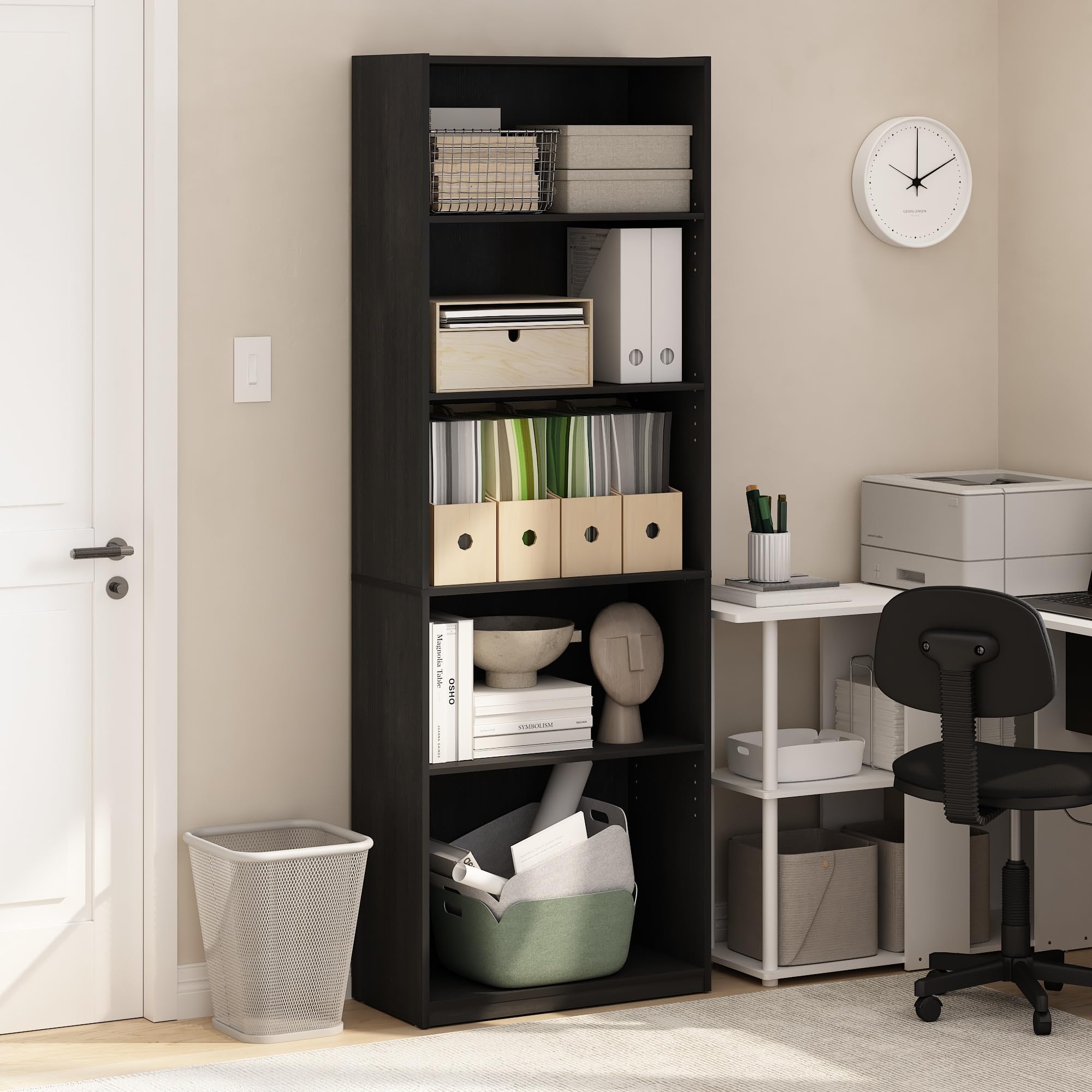 Furinno Gehry 5-Tier Bookcase, Bookshelf with Adjustable Shelves, Blackwood