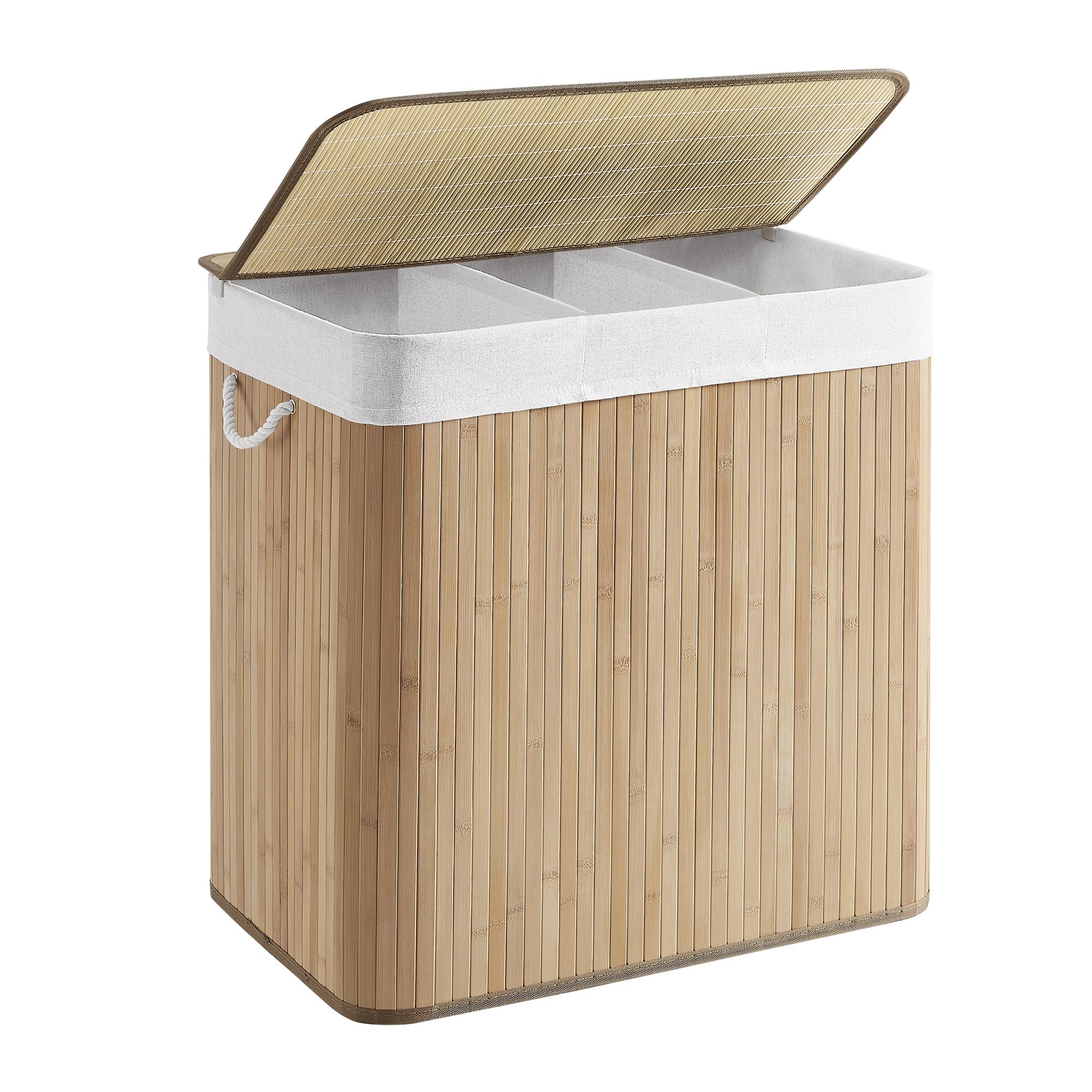 SONGMICS Laundry Hamper, 39.6 Gallons (150L), 3-Section Laundry Basket, Laundry Hamper with Lid, Bamboo, Foldable, Removable and