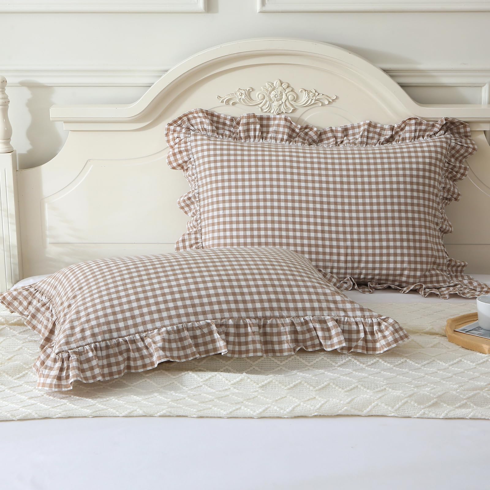 Mywinlle Taupe/White Plaid Ruffle Pillowcases Farmhouse Queen Size Pillow Shams,Shabby Checkered Gingham Pillow Cases Washed Cot