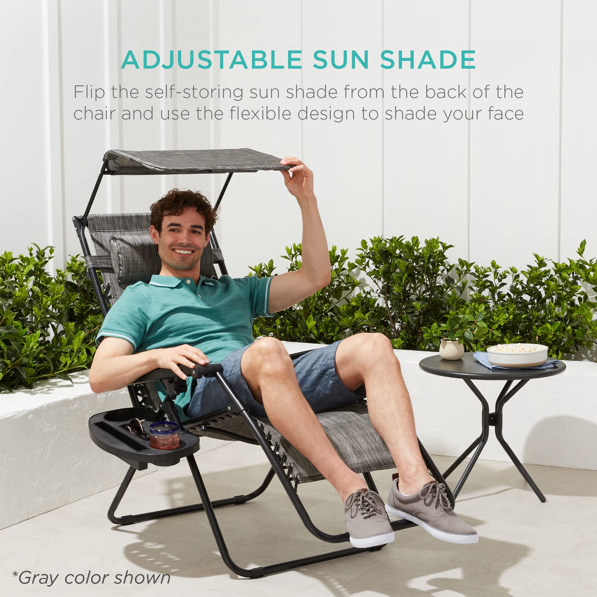 Best Choice Products Folding Zero Gravity Outdoor Recliner Patio Lounge Chair W/Adjustable Canopy Shade, Headrest, Side Accessory Tray, Textilene Mesh - Burnt Orange
