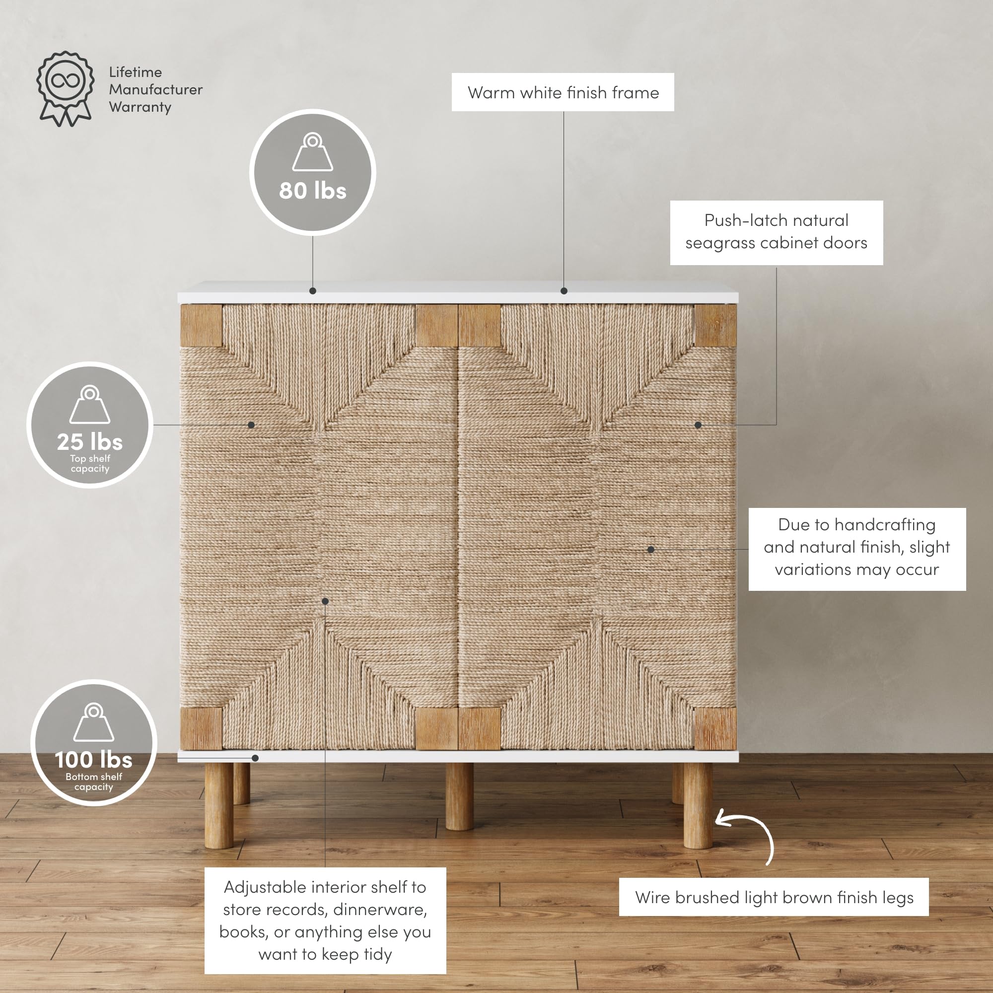 Nathan James Beacon Accent Natural Sideboard Storage Cabinet With Adjustable Interior Shelf And Seagrass Doors, For Hallway, Entryway Or Dining Room, Light Brown/White