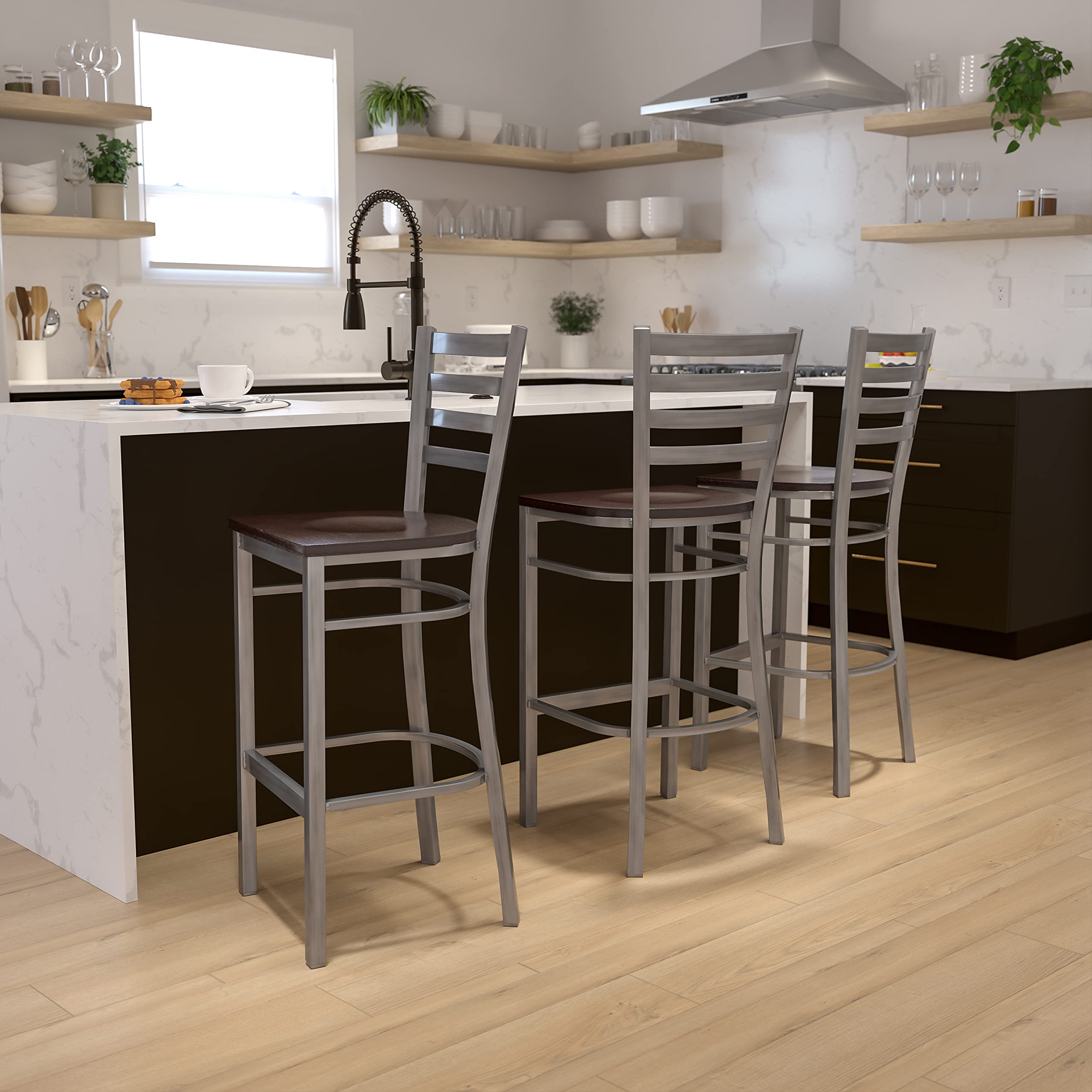 Flash Furniture Hercules Series Clear Coated Ladder Back Metal Restaurant Barstool - Walnut Wood Seat