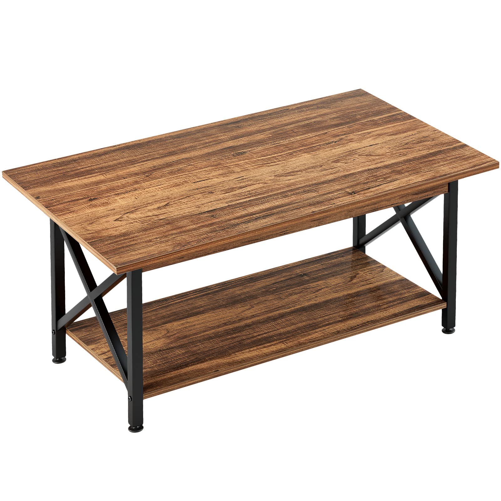 GreenForest Coffee Table Large 43.3 x 23.6 inch Farmhouse Rustic with Storage Shelf for Living Room, Easy Assembly, Walnut