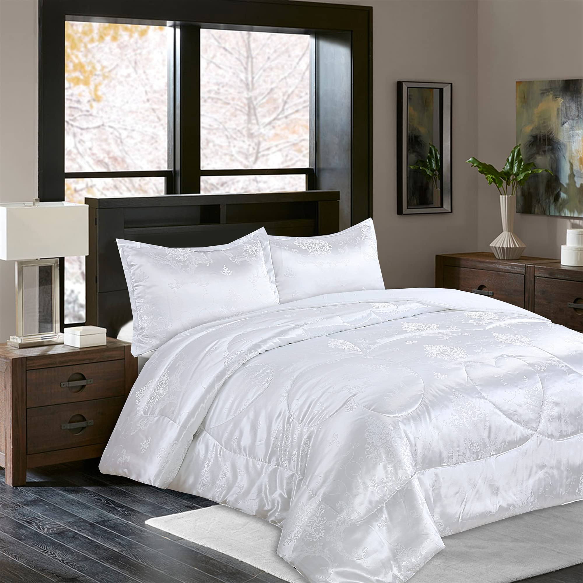 Raytrue-X White King Size Comforter Set,All Season Bedding Comforter Sets,3Pcs Silk Jacquard Ultra Soft Bed Comforter King Set,L