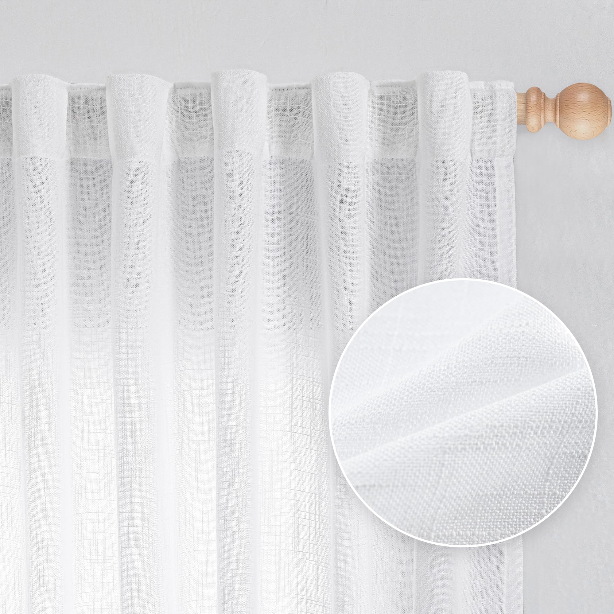 Mysky Home Floor To Ceiling Curtains 108 Inches White Sheer Window Drapes 2 Panel Sets Back Tab Draperies Linen Look Boho Fabric