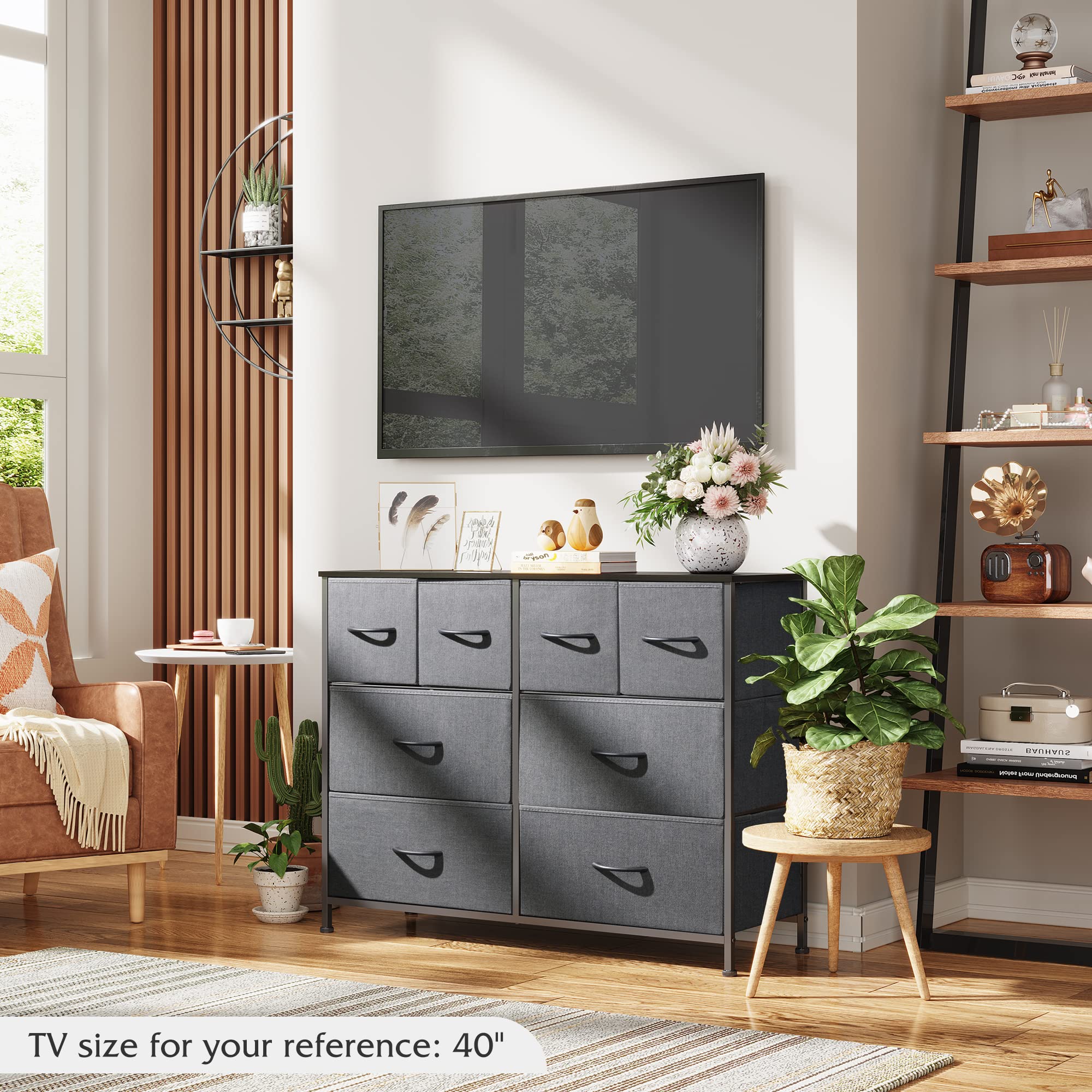 Wlive Dresser For Bedroom With 8 Drawers, Wide Fabric Dresser For Storage And Organization, Bedroom Dresser, Chest Of Drawers For Living Room, Closet, Hallway, Nursery, Dark Grey